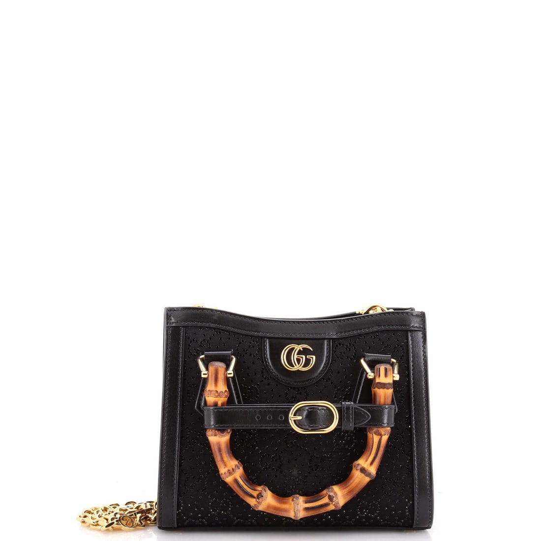 Crystal Embellished Gucci GG Canvas Mini Bamboo Handle Tote NM: Crystal Embellished Gucci GG Canvas Mini Bamboo Handle Tote NM Crystal Embellished Gucci GG Canvas Mini Bamboo Handle Tote in excellent condition, featuring a striking black exterior with gold