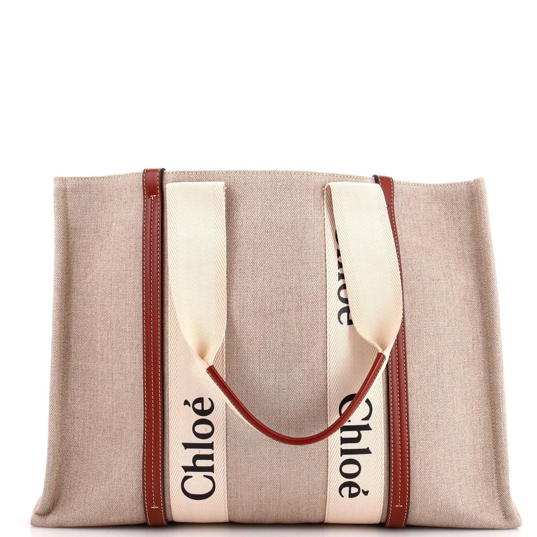Large Canvas Tote with Leather Chloe: Large Canvas Tote with Leather Chloe Brown canvas tote bag with a plain leather exterior, featuring a classic design. The bag measures 12.5" high, 17.5" wide, and 5" deep, with a 9" drop handle. The i