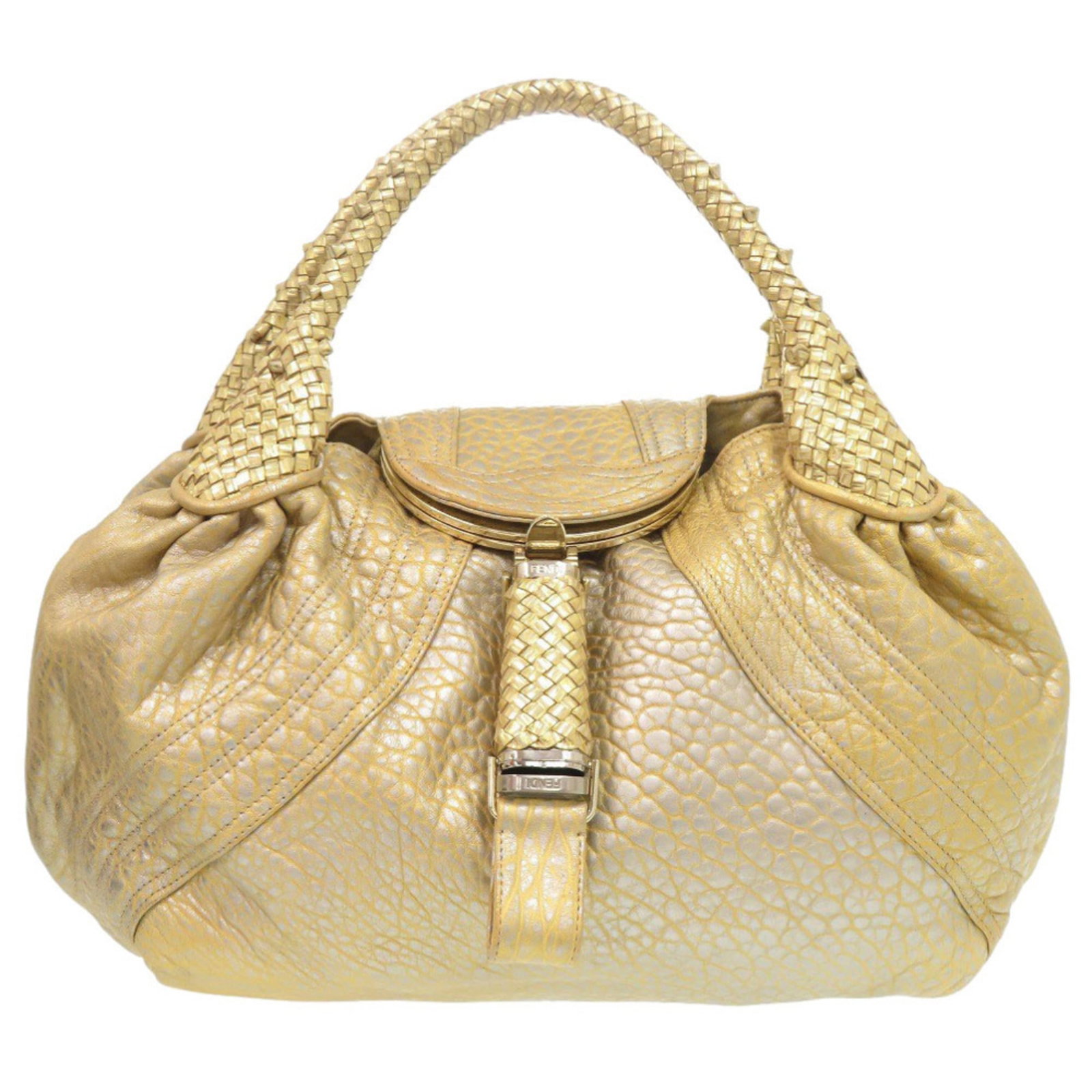 Handbag Leather Fendi: Handbag Leather Fendi Gold leather Fendi handbag with dust bag, measuring 26cm x 31cm x 16cm. This luxurious handbag features high-quality leather construction and comes with a dust bag for added