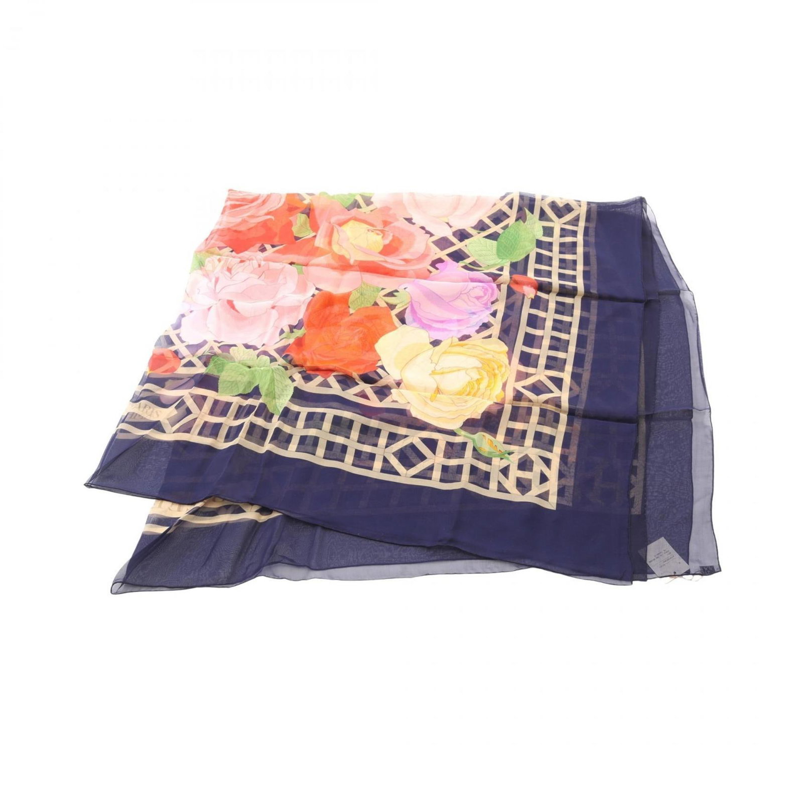Silk Hermes Scarf: Silk Hermes Scarf Silk from the renowned French fashion house, this Hermes scarf boasts a vibrant multi-color design and a classic navy hue, all wrapped in high-quality silk fabric. Measuring 1.36m x 