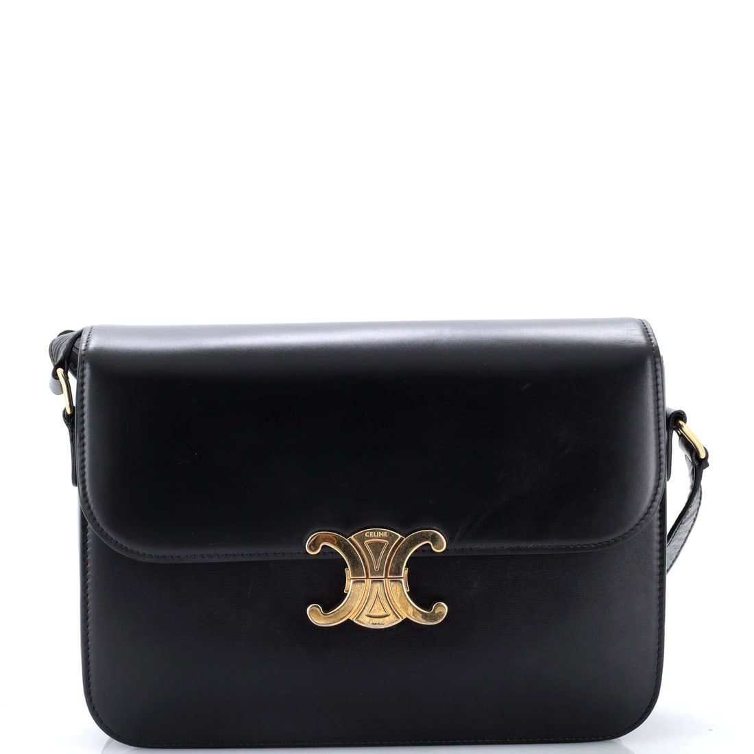 Calfskin Large Shoulder Bag Smooth Celine Triomphe: Calfskin Large Shoulder Bag Smooth Celine Triomphe Large Calfskin Celine Triomphe Shoulder Bag in Black. This spacious cross-body bag features smooth calfskin leather exterior and a spacious interior