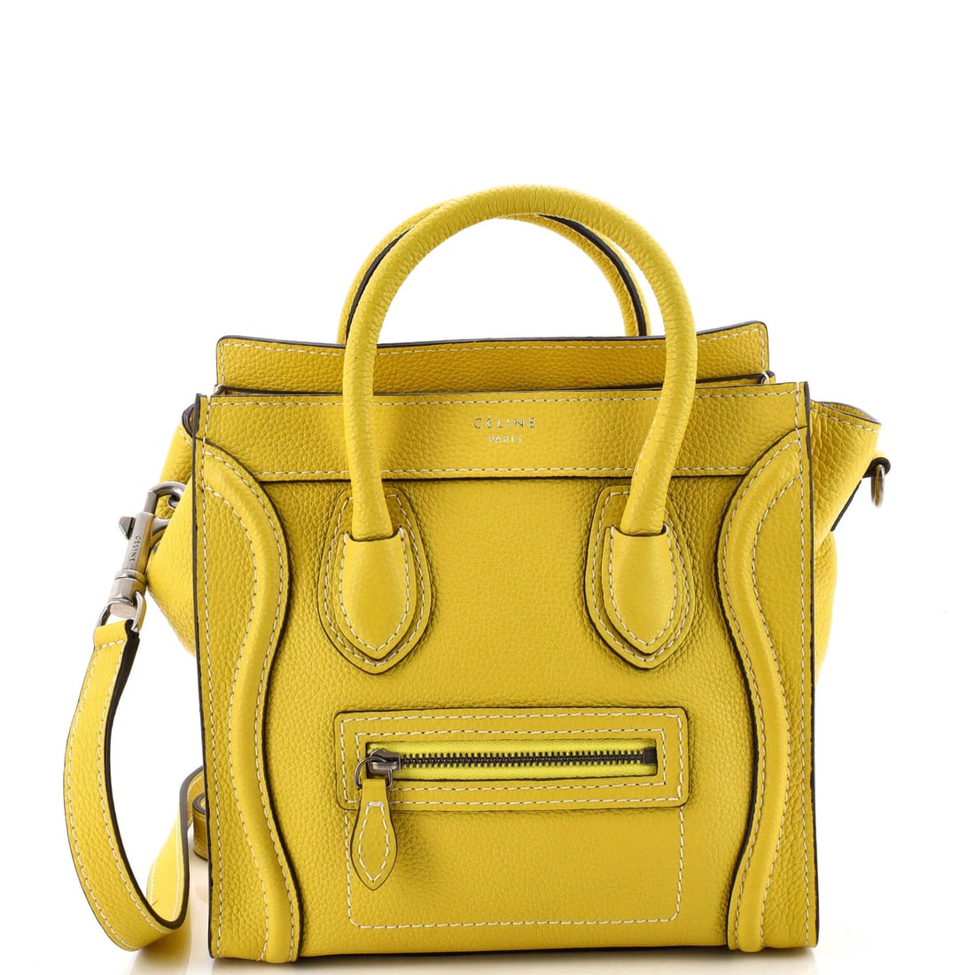 Luggage Bag Grainy Leather Nano Celine: Luggage Bag Grainy Leather Nano Celine Yellow Grainy Leather Nano Celine Cross Body Bag with Strap. Measuring 3" drop, 8" height, 7.5" width, and 4" depth, this nano-sized bag features a grainy leathe