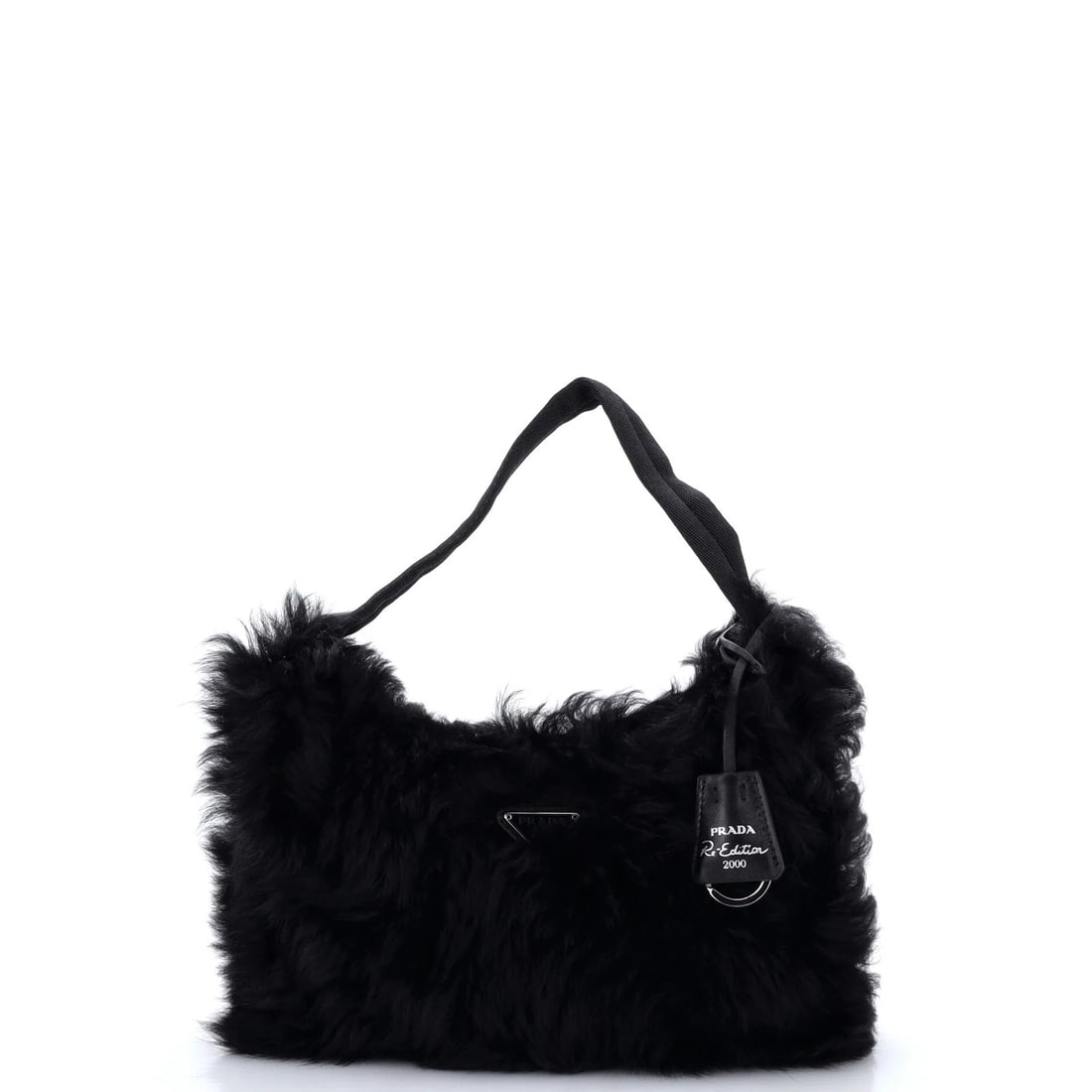 Shearling Mini Hobo Re Prada 2000: Shearling Mini Hobo Re Prada 2000 Shearling Mini Hobo by Prada 2000 - A Timeless Classic. This mini shearling hobo features a sleek black exterior with a silver clochette and measures 6.5" in handle