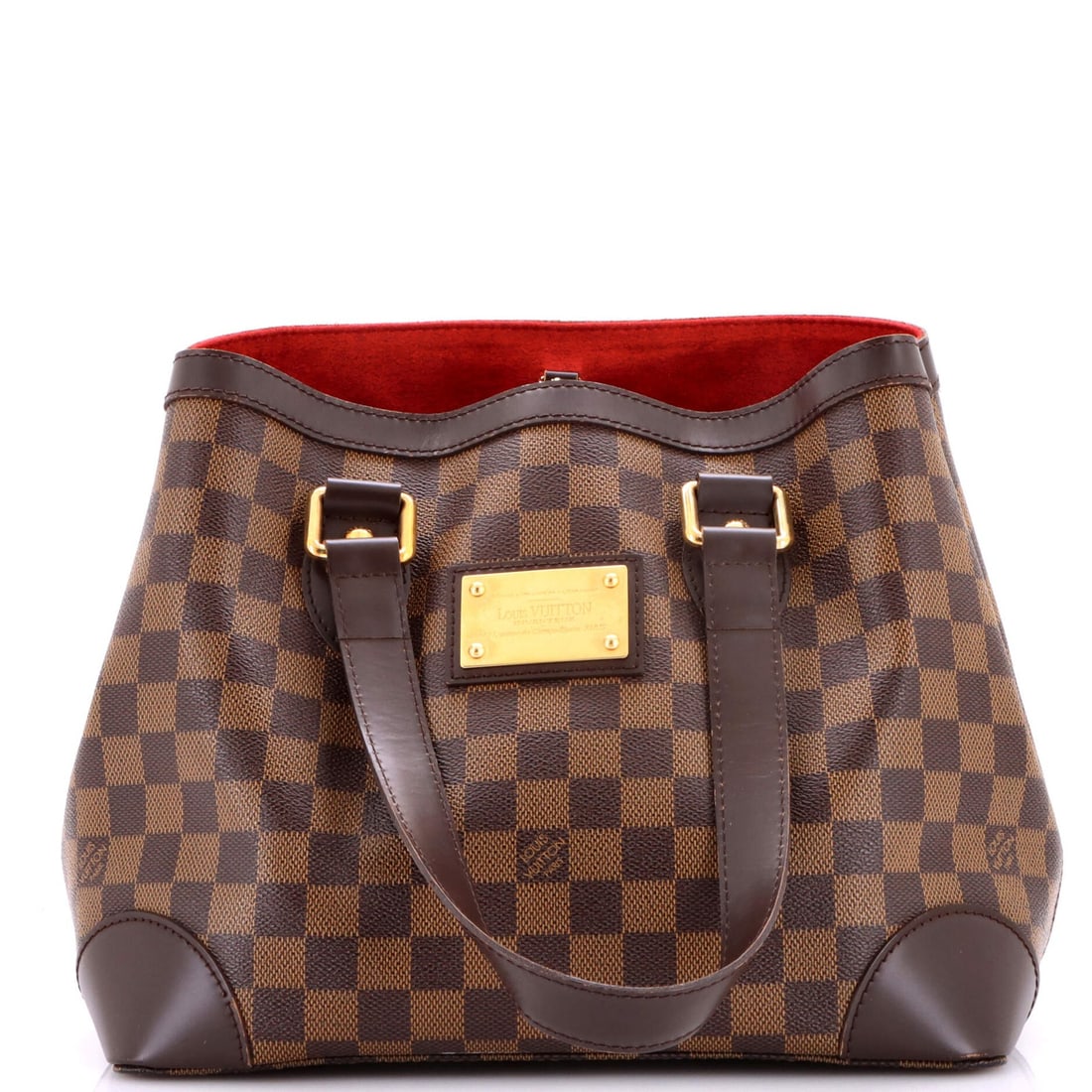 Louis Vuitton Damier Handbag Hampstead: Louis Vuitton Damier Handbag Hampstead Brown Louis Vuitton Damier PM Hampstead tote features a canvas-coated exterior with scuffs, corner wear, and minor creases. The gold hardware and red interior