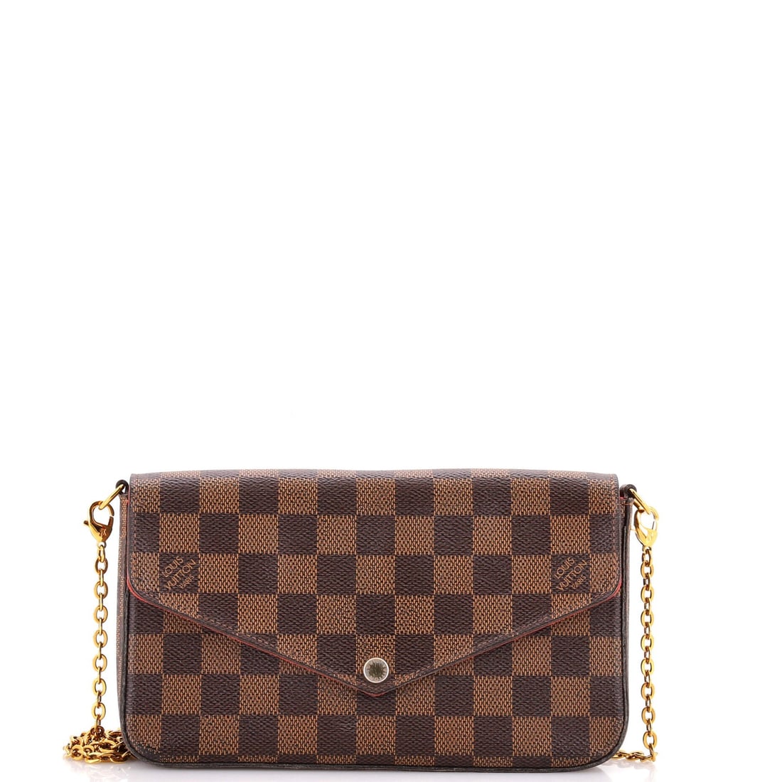 Damier Pochette Felicie Louis Vuitton: Damier Pochette Felicie Louis Vuitton Brown Damier Pochette Felicie Louis Vuitton cross body bag with card holder and strap, featuring a classic canvas coated exterior and red interior. The bag's