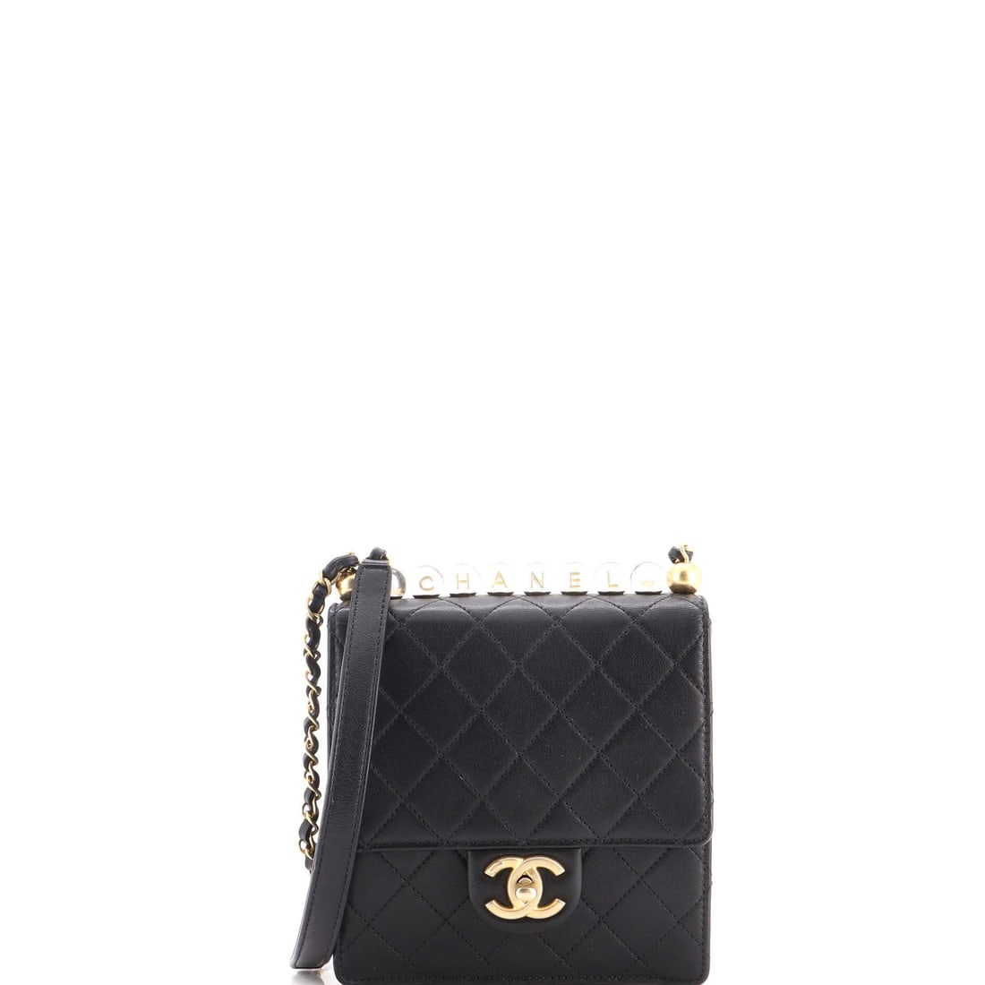 Chic Quilted Pearls Goatskin Flap Bag Acrylic Beads with Chanel Mini: Chic Quilted Pearls Goatskin Flap Bag Acrylic Beads with Chanel Mini Black leather Chic Quilted Pearls Flap Bag with acrylic beads, measuring 7.5" x 6.5" x 2", features a 21" strap drop and gold hardw