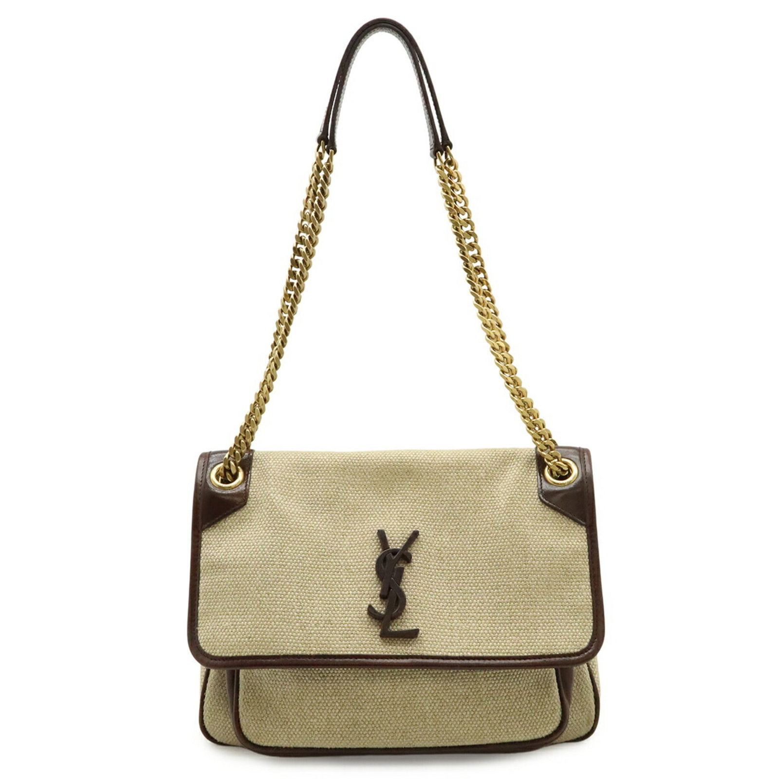 Linen Leather Yves Saint Laurent Bag Shoulder: Linen Leather Yves Saint Laurent Bag Shoulder Linen and leather combine in this elegant Yves Saint Laurent shoulder bag, boasting a classic beige and dark brown color palette. The bag's size and