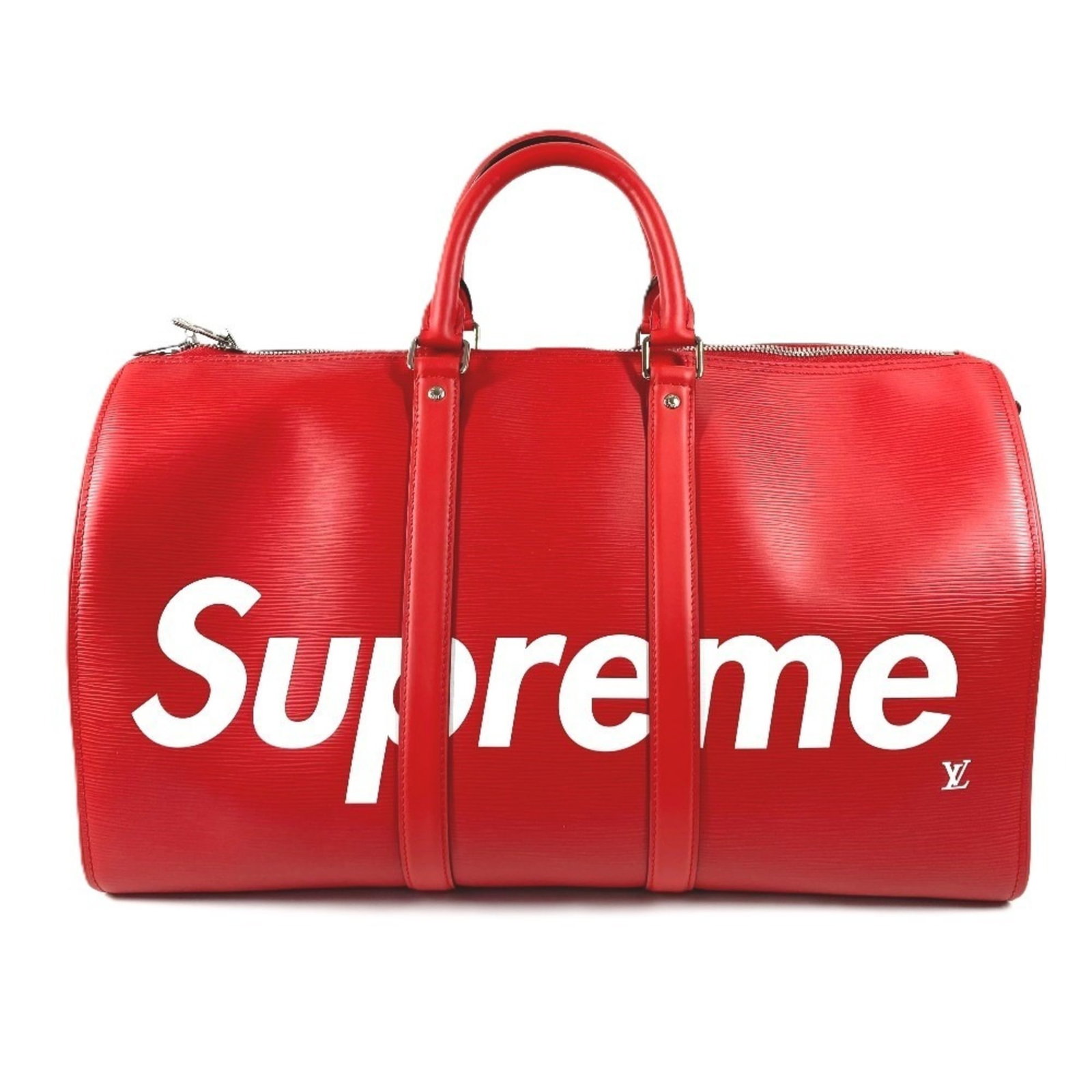 Leather Epi Louis Vuitton Bag Boston: Leather Epi Louis Vuitton Bag Boston Red Epi leather, a classic Louis Vuitton Boston bag, measures 27cm x 47cm x 20cm. The bag's signature monogram pattern is intricately stitched onto the Epi