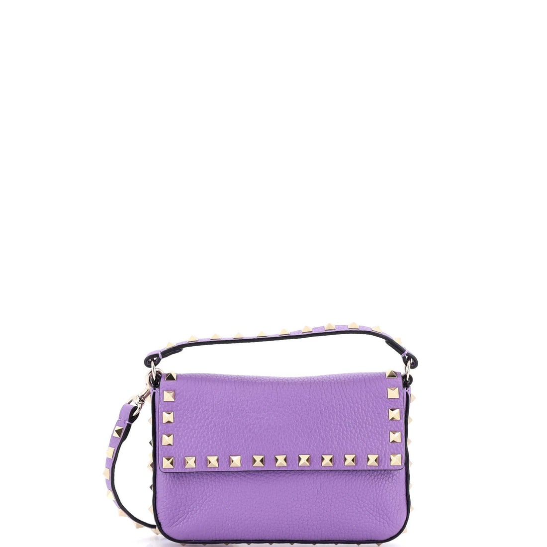 Garavani Rockstud Leather Mini Crossbody Pouch Top Valentino: Garavani Rockstud Leather Mini Crossbody Pouch Top Valentino Purple leather mini crossbody pouch with gold tone hardware, featuring the iconic Rockstud design from Valentino Garavani. This mini crossb