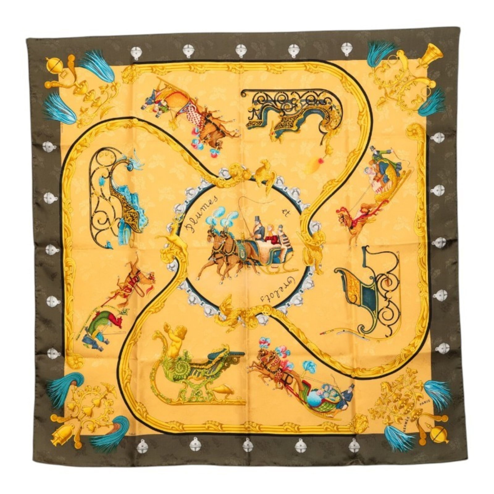 Silk Hermes Scarf: Silk Hermes Scarf Silk from the iconic French fashion house, this 90cm x 89cm gold and green silk scarf is a masterclass in understated elegance. Made from high-quality silk, its subtle sheen and