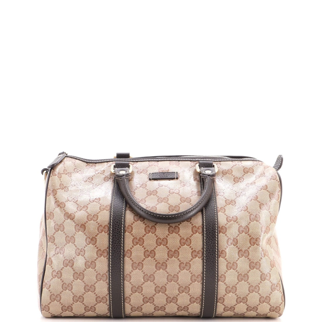 Boston Large Coated Canvas GG Gucci Joy Bag: Boston Large Coated Canvas GG Gucci Joy Bag Brown canvas coated GG Gucci Joy Bag in large size, featuring a classic satchel style with minor creases on the exterior and minor scuffs on the handles