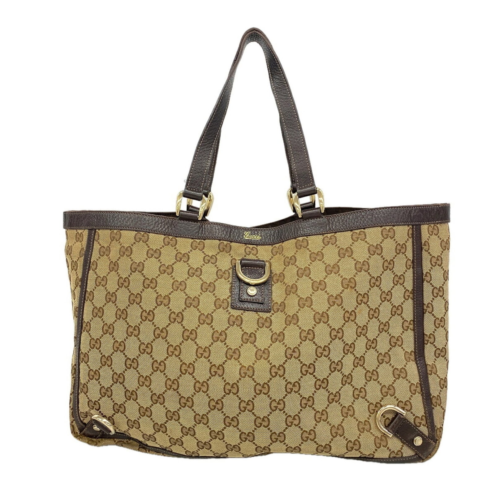 Canvas Gucci Tote Bag: Canvas Gucci Tote Bag Canvas Gucci Tote Bag in Beige and Brown, featuring a classic design with a canvas material and signature. This stylish tote measures 27.5cm x 38cm x 10.5cm, making it a versatil