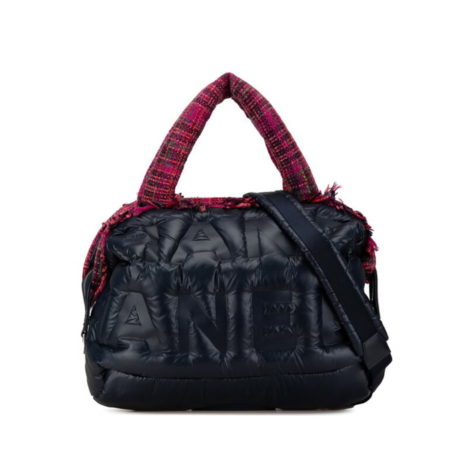 Shoulder Bag Handbag Nylon Wool Chanel: Shoulder Bag Handbag Nylon Wool Chanel Nylon and wool blend construction adds a unique texture to this navy and pink shoulder bag, while the shoulder strap provides a comfortable and versatile
