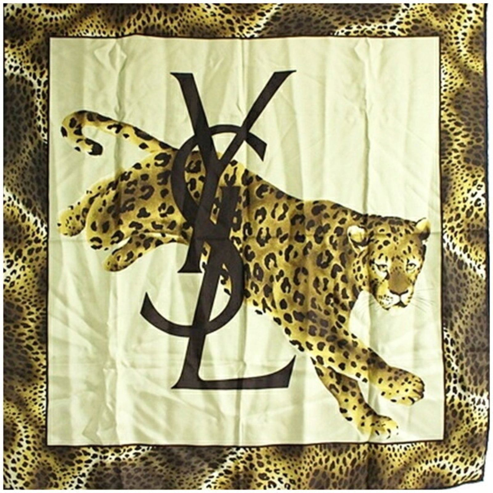 Saint Laurent Yves Silk Scarf: Saint Laurent Yves Silk Scarf Silk scarf from Yves Saint Laurent, featuring a timeless brown, gray, and khaki color palette. Made from high-quality silk, this 90cm x 90cm scarf is a classic accessory