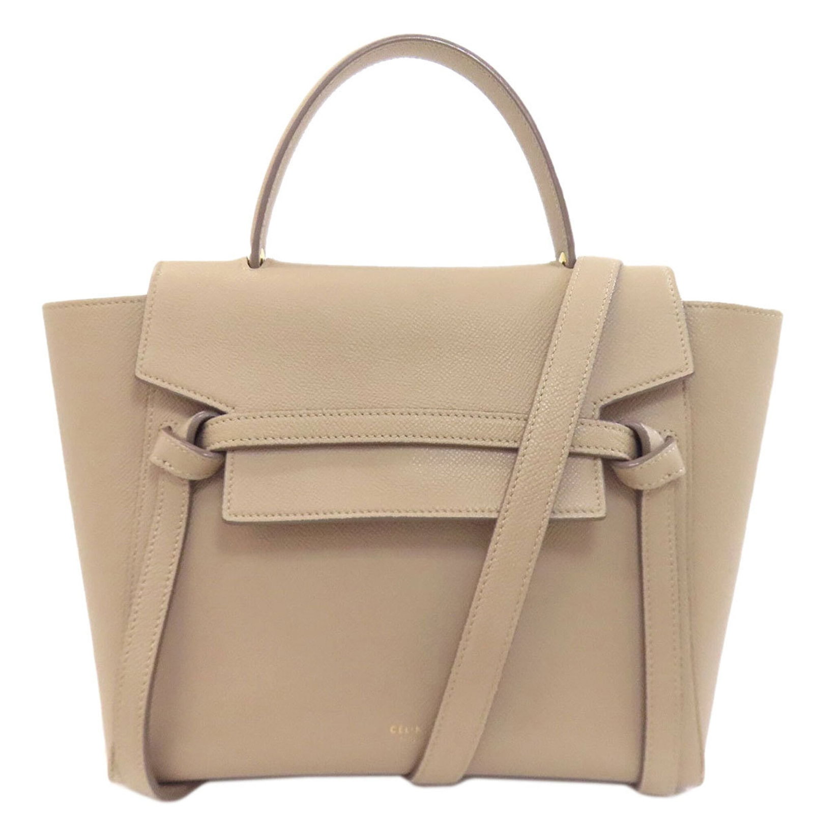 Celine Handbag Leather: Celine Handbag Leather Calfskin leather construction provides a durable and luxurious feel. The beige color offers a versatile and neutral tone. The compact size makes it a practical choice for