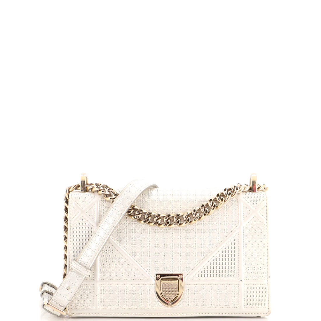 Christian Dior Diorama Flap Bag Cannage Embossed Calfskin: Christian Dior Diorama Flap Bag Cannage Embossed Calfskin White patent leather exterior with Cannage Embossed Calfskin details, this Small Diorama Flap Bag features a classic shoulder bag design with