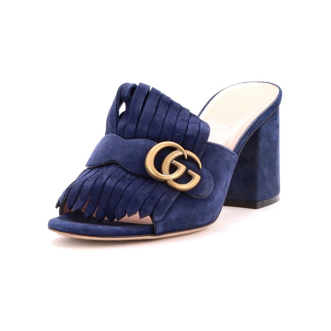 Gucci Women's GG Marmont Fringed Heeled Sandals Suede: Gucci Women's GG Marmont Fringed Heeled Sandals Suede Suede blue mules with fringed heels and aged gold hardware, featuring a neutral-colored suede interior and a classic GG Marmont design. The shoes 