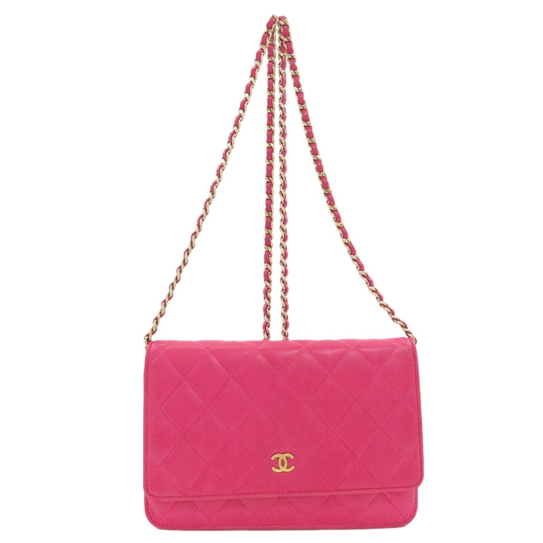 Chanel Chain Wallet Matelasse Goldhardware Shoulder Bag Lambskin: Chanel Chain Wallet Matelasse Goldhardware Shoulder Bag Lambskin Pink lambskin shoulder bag with gold hardware, featuring a classic CHANEL design. The bag measures 5.1 inches in height and 7.5 inches 