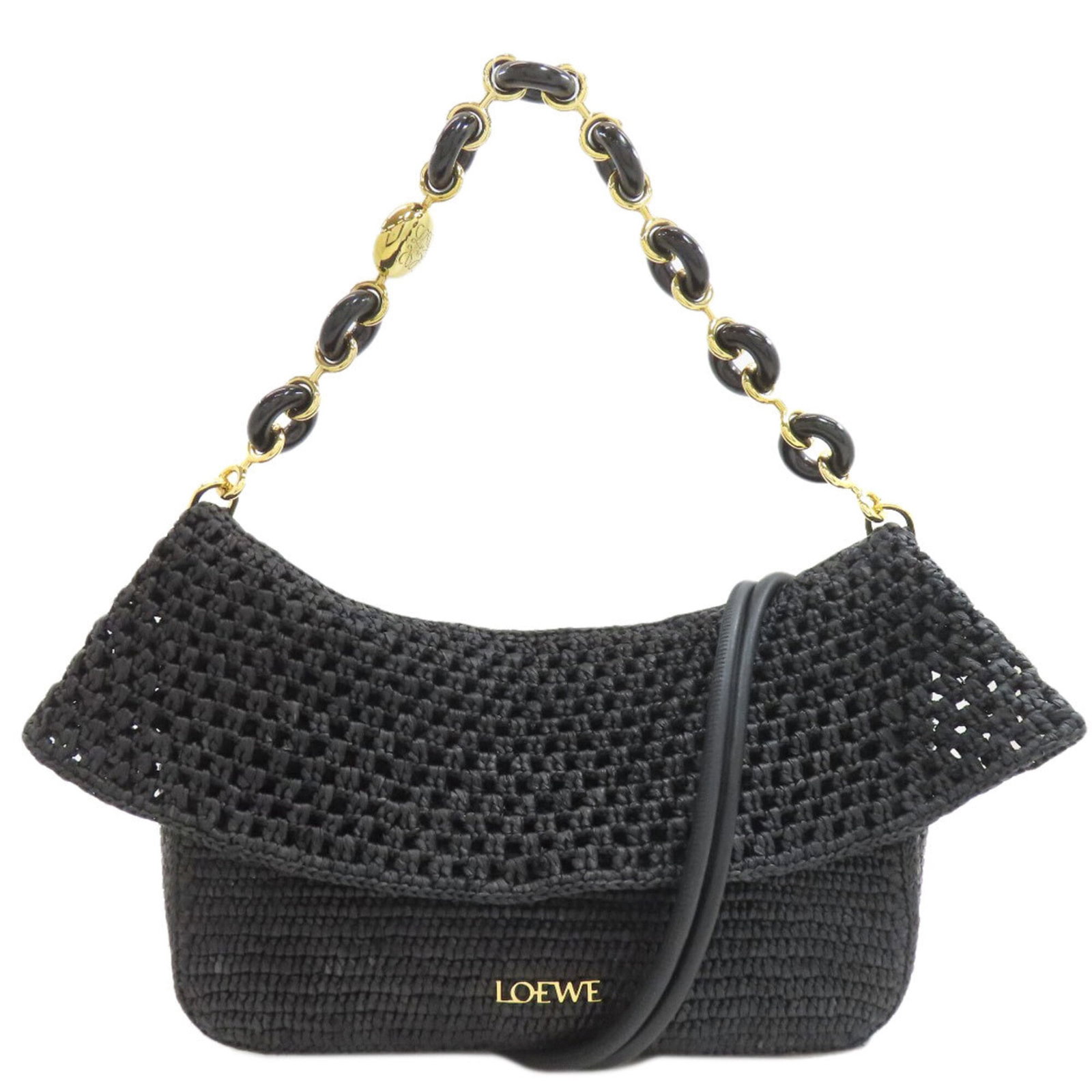 Handbag Raffia Leather Loewe: Handbag Raffia Leather Loewe Raffia and leather come together in this sleek Loewe handbag, featuring a black color and a distinctive flap closure. The bag's size and strap length provide flexibility,
