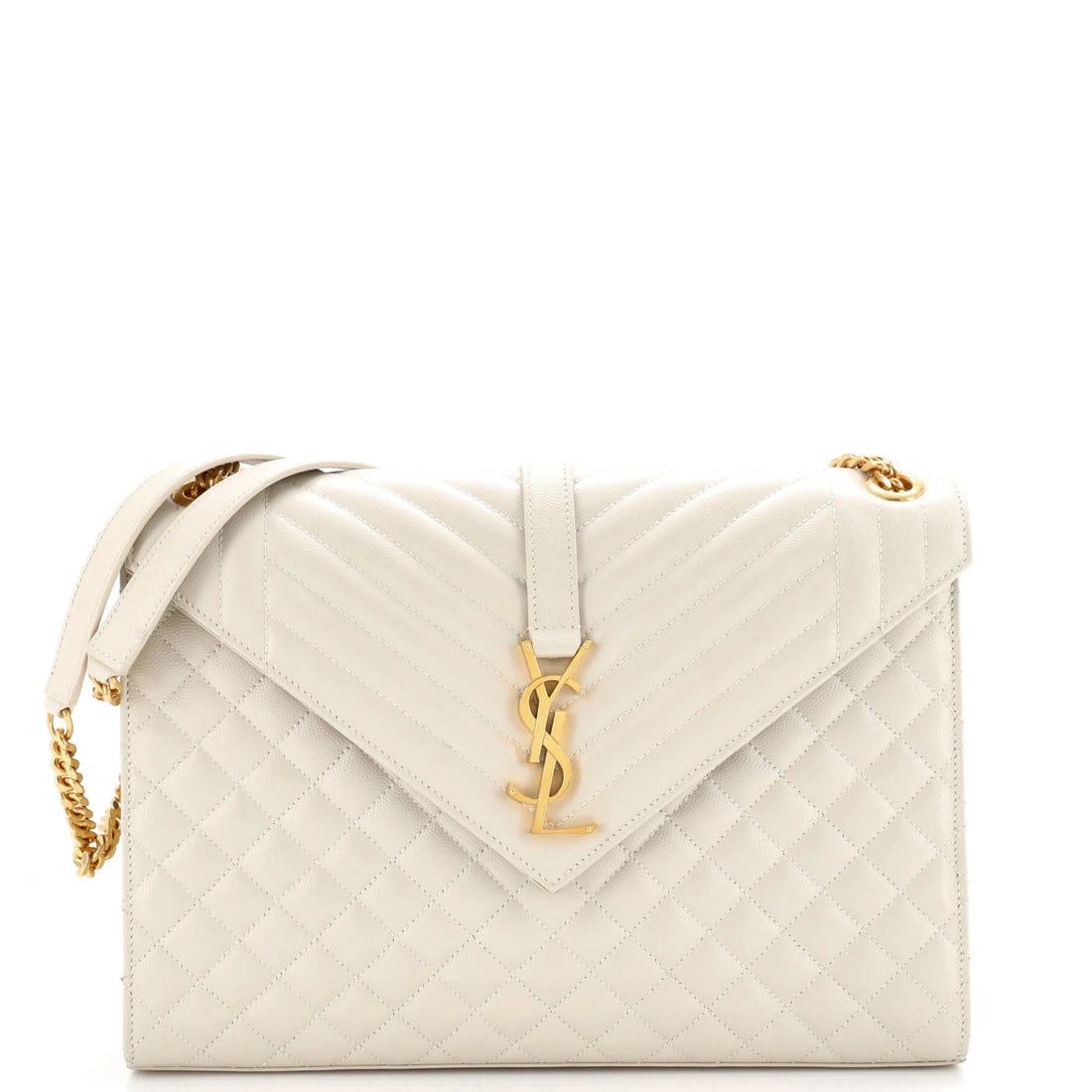 Laurent Saint Monogram Satchel Envelope Leather Matelasse Large Classic: Laurent Saint Monogram Satchel Envelope Leather Matelasse Large Classic Neutral-colored Matelasse leather Large Classic Monogram Envelope Satchel with gold hardware, featuring a classic design with a