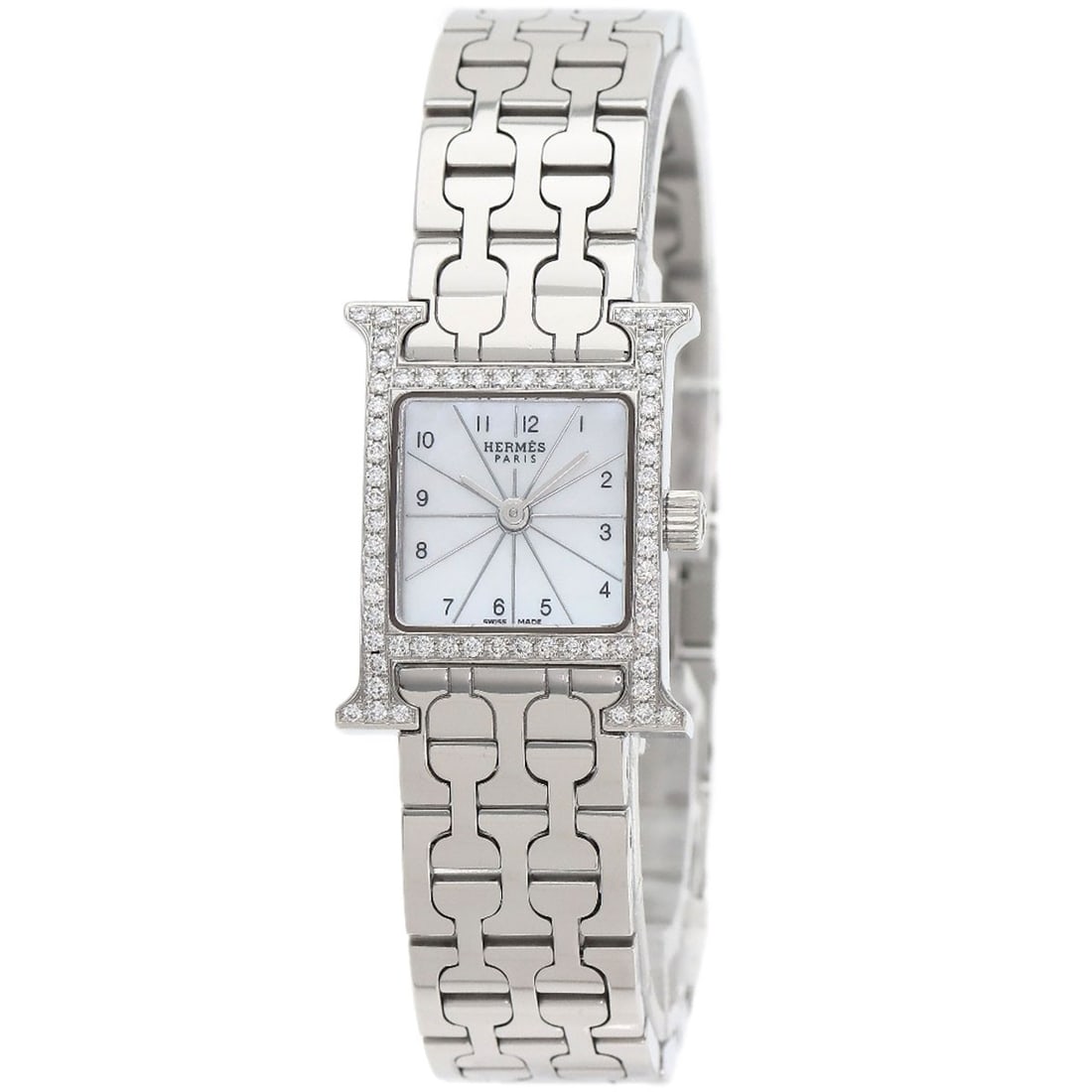 Hermes H Watch Mini Diamond Watches Hh1.130 Stainless Steel/ Stainless Steel: Hermes H Watch Mini Diamond Watches Hh1.130 Stainless Steel/ Stainless Steel Stainless steel case with a silver bezel and white dial, this Hermes H watch features an analog display and a quartz
