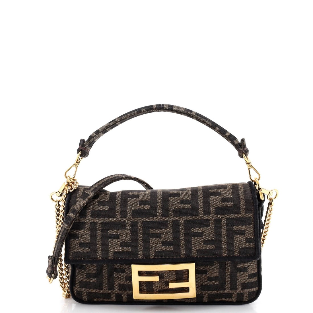 Fendi NM Bag Baguette Zucca Mini: Fendi NM Bag Baguette Zucca Mini The Fendi Baguette Zucca Mini is a stylish cross-body bag made from canvas, featuring a brown exterior with gold hardware. This mini bag has a compact size, with a