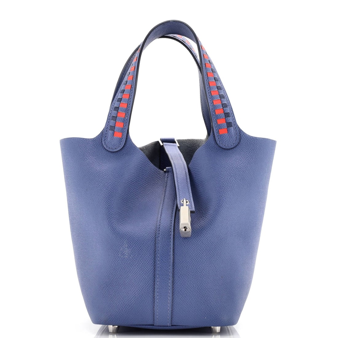 Hermes Picotin Lock Bag Tressage Epsom PM: Hermes Picotin Lock Bag Tressage Epsom PM The Hermes Picotin Lock Bag Tressage Epsom PM boasts a striking blue exterior with premium leather construction, featuring palladium hardware and a