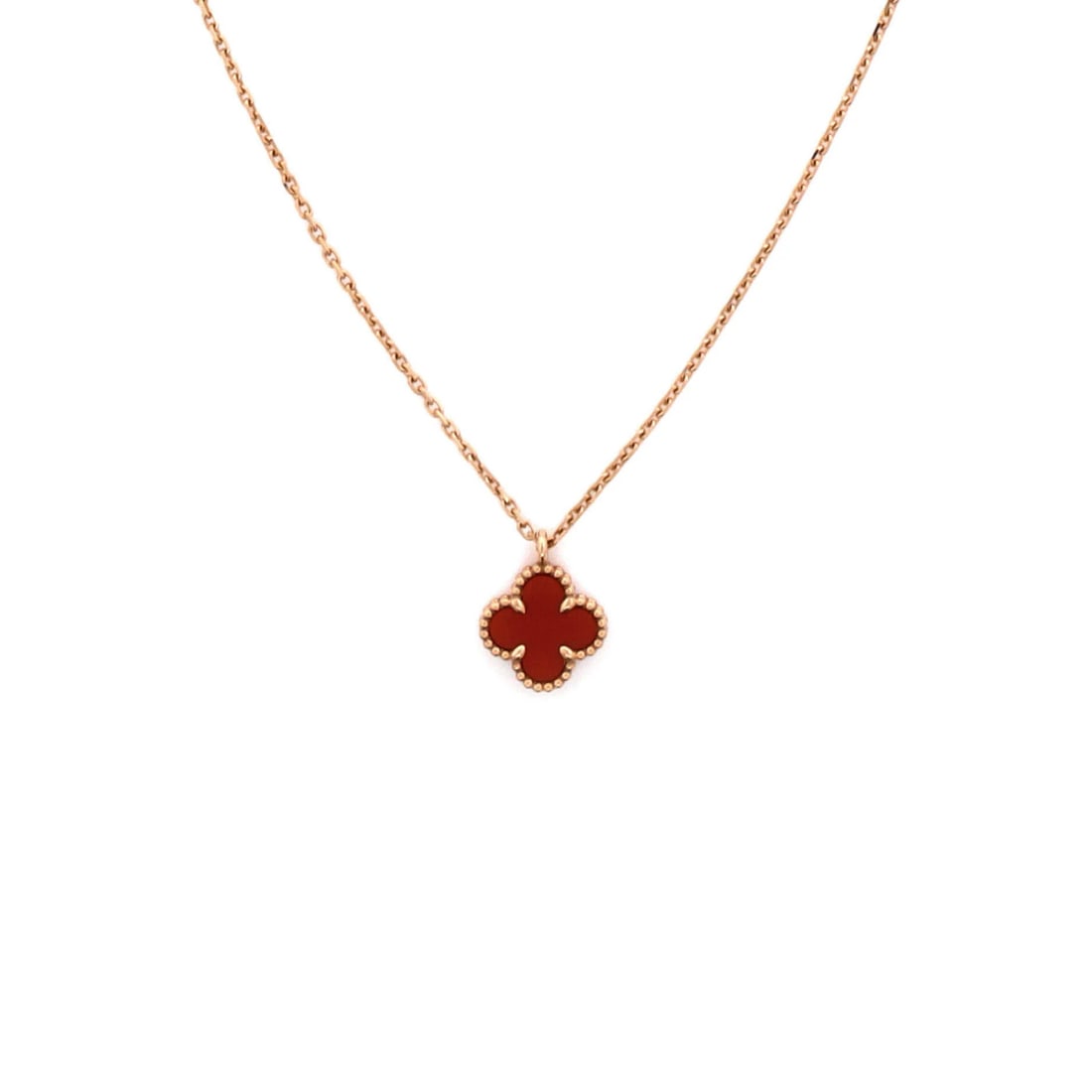 Carnelian Necklace Rose Gold Pendant Alhambra Sweet Van Cleef & Arpels: Carnelian Necklace Rose Gold Pendant Alhambra Sweet Van Cleef & Arpels 18K Rose Gold Sweet Alhambra Pendant Necklace with Carnelian Stone, featuring a delicate 11.75mm pendant and 15.25-16.0" chain, s