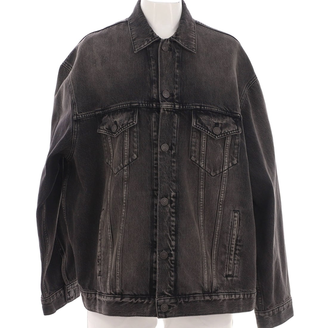Oversized Jacket Denim Balenciaga Logo: Oversized Jacket Denim Balenciaga Logo Oversized Balenciaga Logo Denim Jacket in Black. This denim jacket features a bold logo on the exterior and a classic oversized fit. With wear and marks