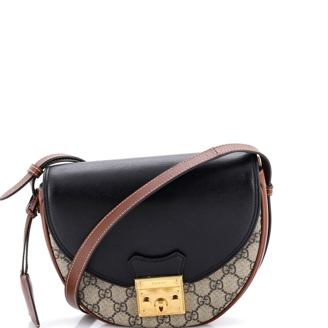 Gucci GG Medium Canvas Leather Coated Saddle Padlock Shoulder Bag: Gucci GG Medium Canvas Leather Coated Saddle Padlock Shoulder Bag The Gucci GG Medium Canvas Leather Coated Saddle Padlock Shoulder Bag boasts a rich, brown leather exterior with a subtle GG pattern, 