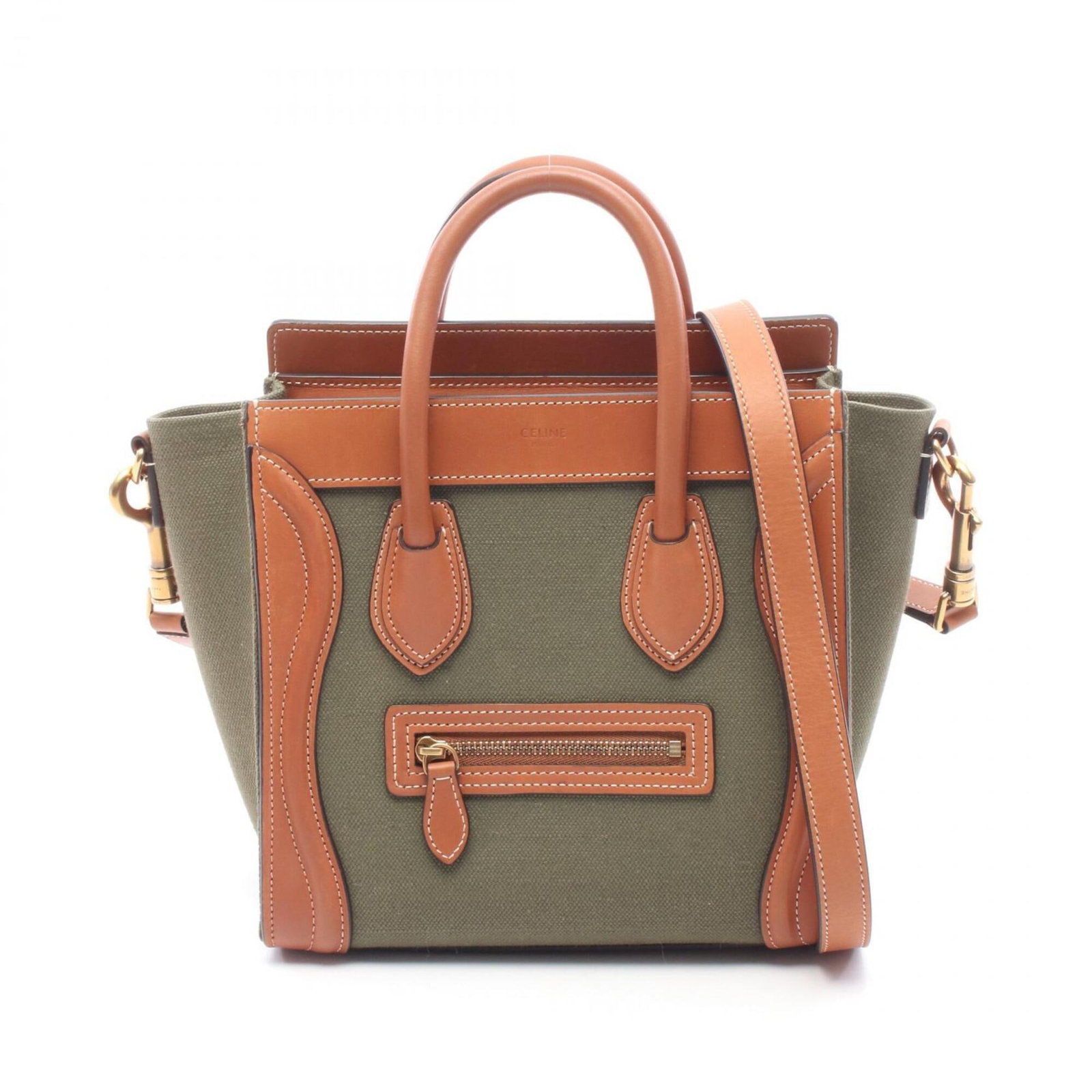 Handbag Canvas Leather: Handbag Canvas Leather Canvas and leather blend in this Celine handbag, available in a versatile brown and khaki color combination. Measuring 20cm x 20cm x 9cm, it features a 29cm long handle and