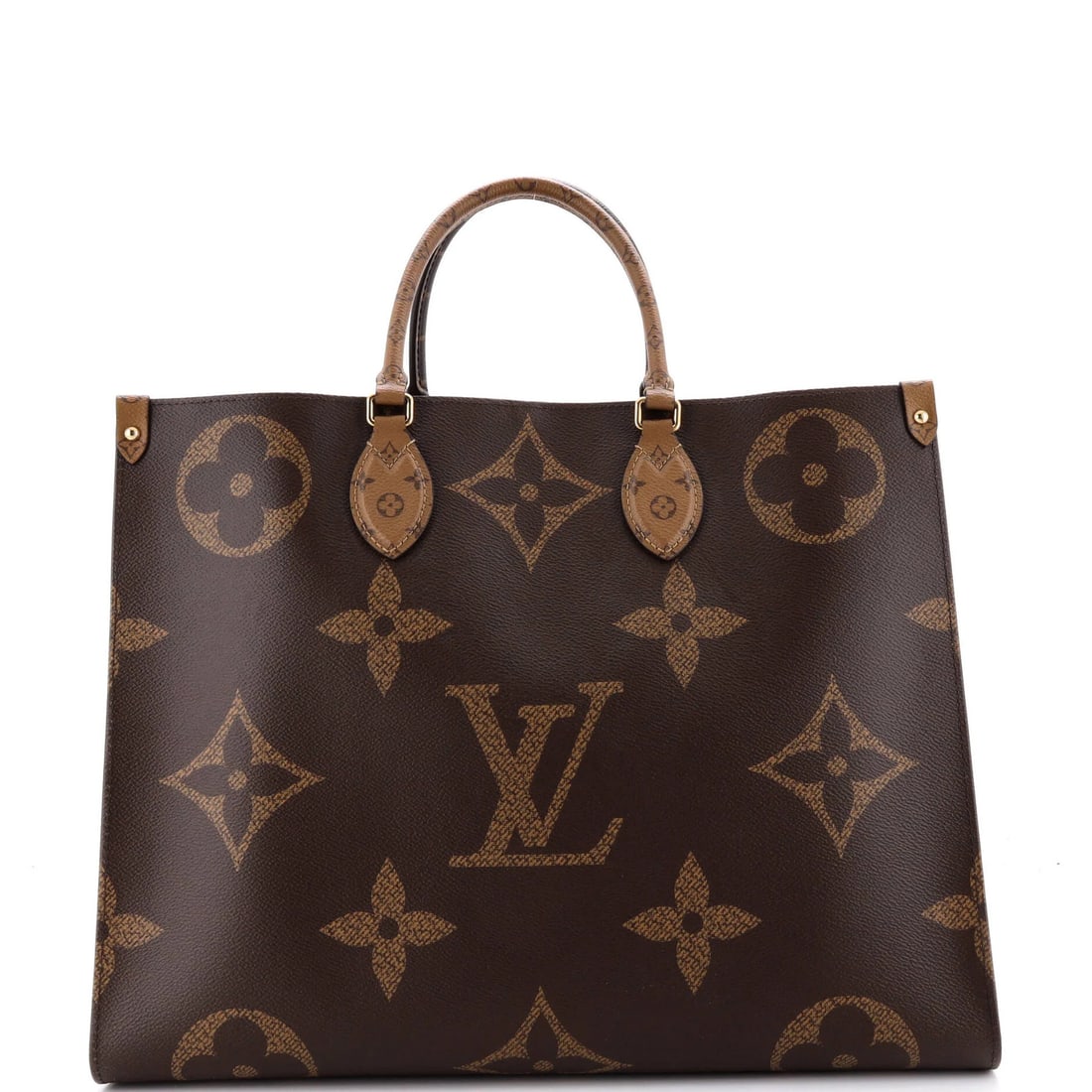 OnTheGo Tote Reverse Giant Monogram Louis Vuitton: OnTheGo Tote Reverse Giant Monogram Louis Vuitton Brown Louis Vuitton OnTheGo Tote Reverse Giant Monogram GM Tote features a canvas coated exterior with minor scuffs and minor creases. The interior