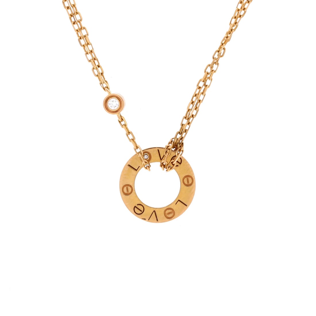 Diamonds Cartier Love Pendant Necklace 18K Rose Gold: Diamonds Cartier Love Pendant Necklace 18K Rose Gold 18K Rose Gold Diamond Pendant Necklace with a touch of timeless elegance, this Cartier Love Pendant Necklace boasts two sparkling diamonds set