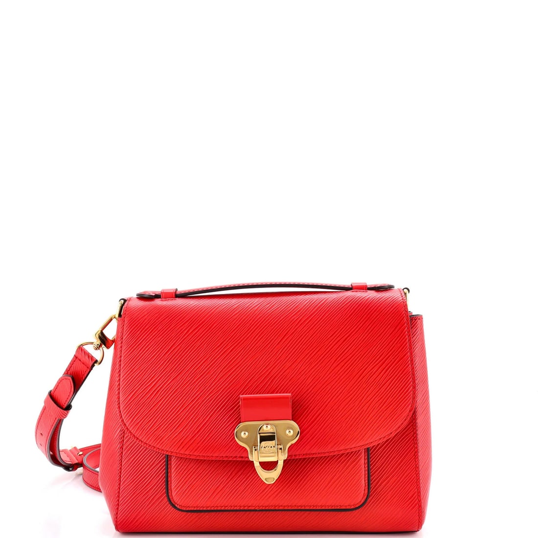 Vuitton Epi Leather Louis Boccador Handbag: Vuitton Epi Leather Louis Boccador Handbag Red Louis Vuitton Epi Leather Boccador Handbag with gold hardware, featuring scuffs, edge wear, and minor creases on the exterior, and a black microfiber
