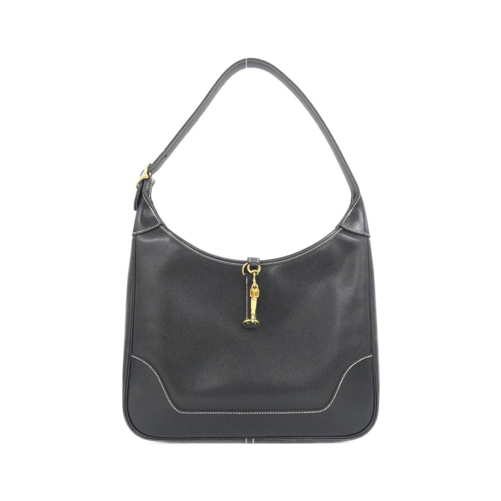 Lisse Leather Hermes Bag Shoulder: Lisse Leather Hermes Bag Shoulder Lisse leather shoulder bag from Hermes, featuring a sleek black design with gold hardware. Measuring 30cm x 31cm x 8cm, this bag is a compact and stylish accessory. I
