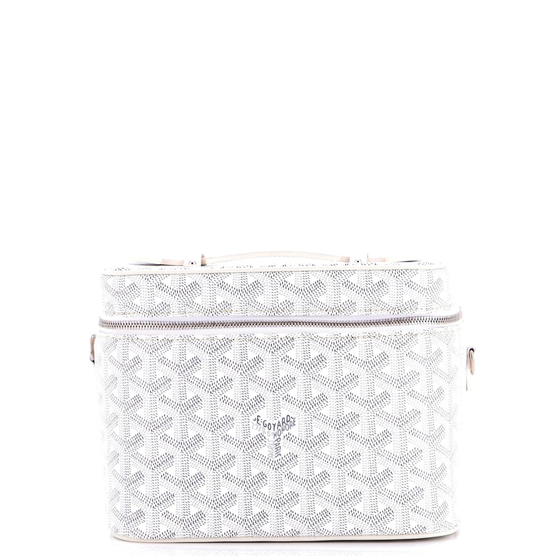 Muse Coated Canvas Vanity Case Goyard: Muse Coated Canvas Vanity Case Goyard White Goyard canvas coated exterior, a classic design, measures 6" high, 7.5" wide, and 5.5" deep. The interior features a yellow fabric lining and silver