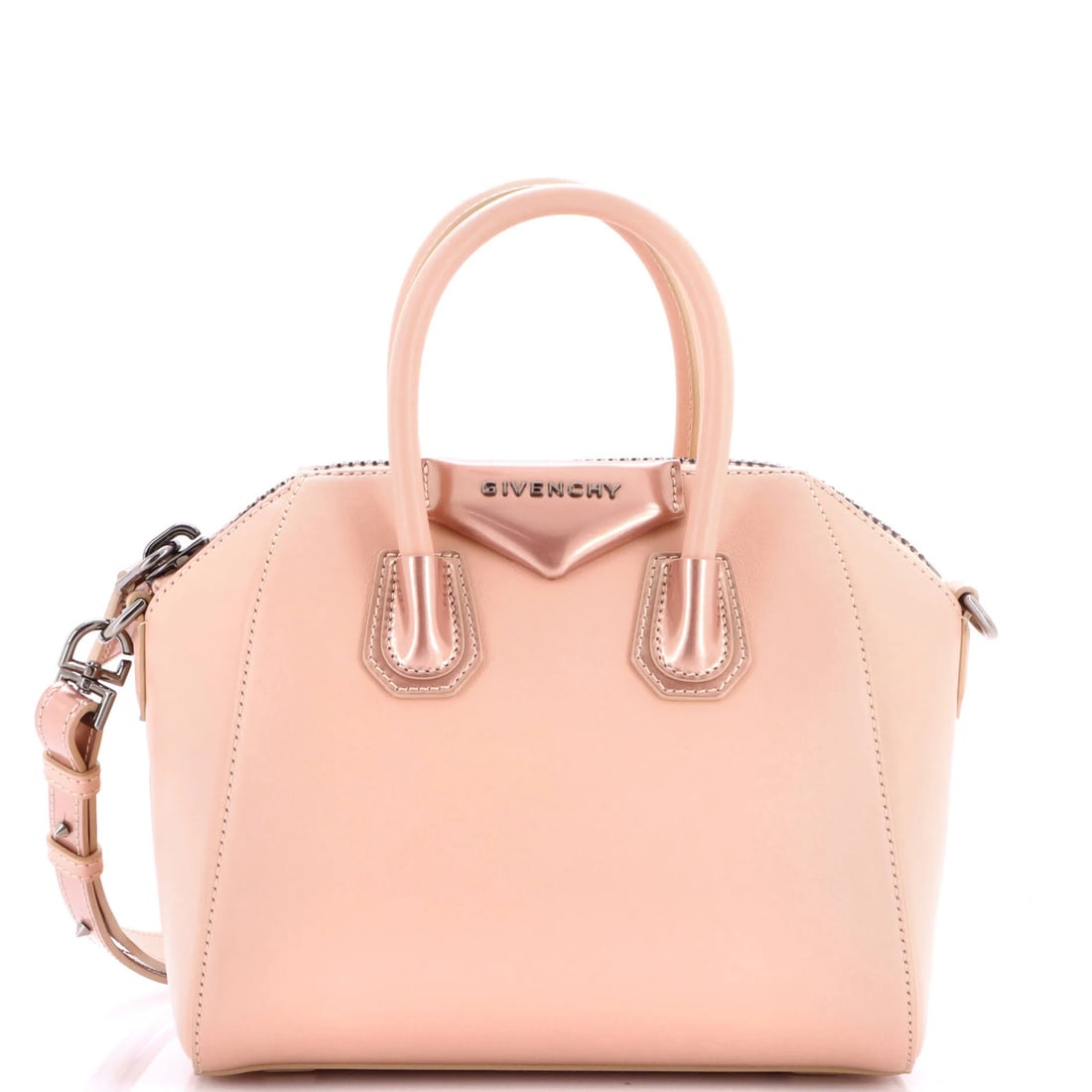 Leather Mini Bag Antigona Givenchy: Leather Mini Bag Antigona Givenchy Pink Leather Mini Cross Body Bag from Givenchy's Antigona Collection, featuring a classic design with a 19-23" adjustable strap and a compact size of 7.5" height,