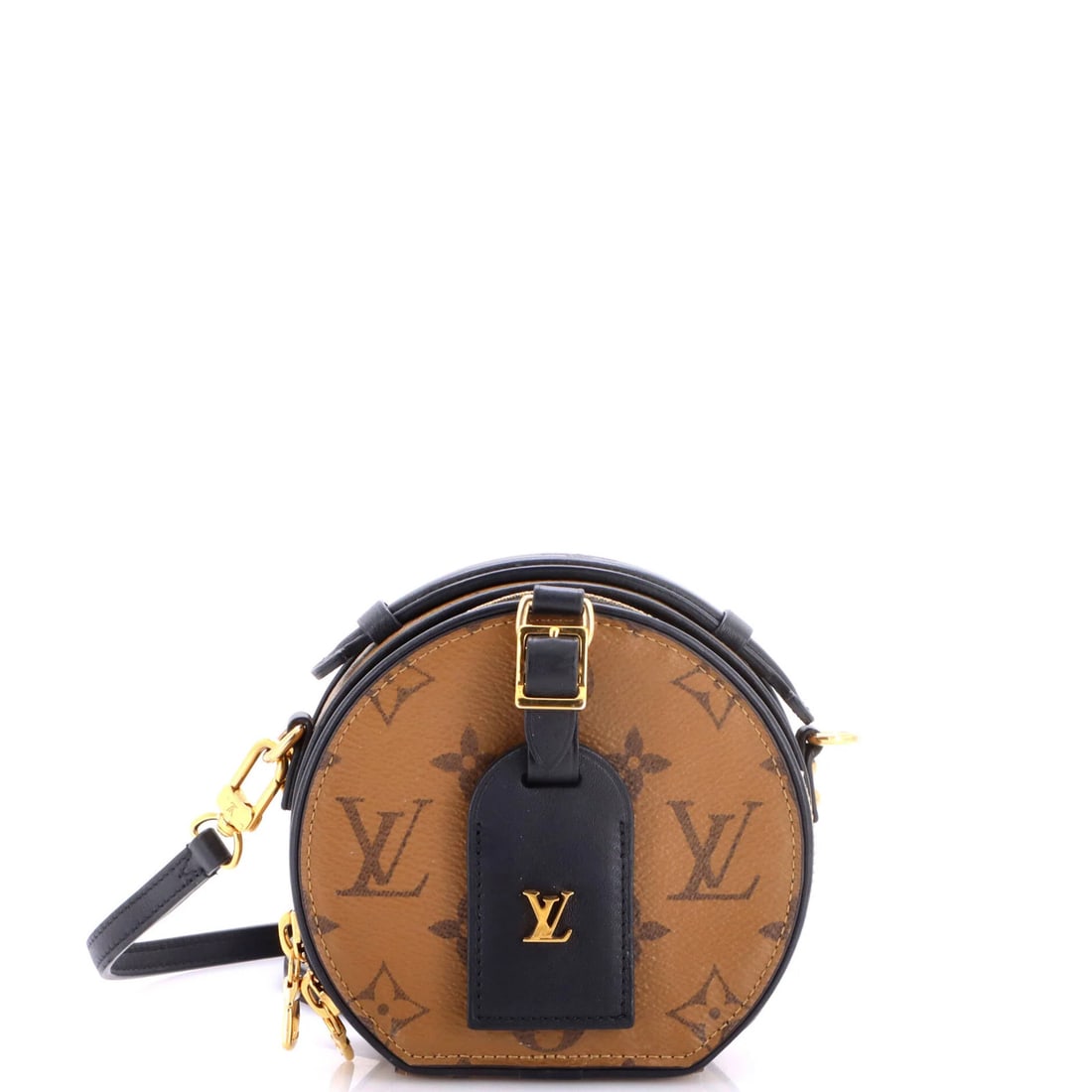 Mini Boite Louis Vuitton Reverse Canvas Monogram Bag: Mini Boite Louis Vuitton Reverse Canvas Monogram Bag This Louis Vuitton Mini Boite Chapeau Bag features a brown reverse monogram canvas exterior with a neutral leather interior, gold hardware, and a
