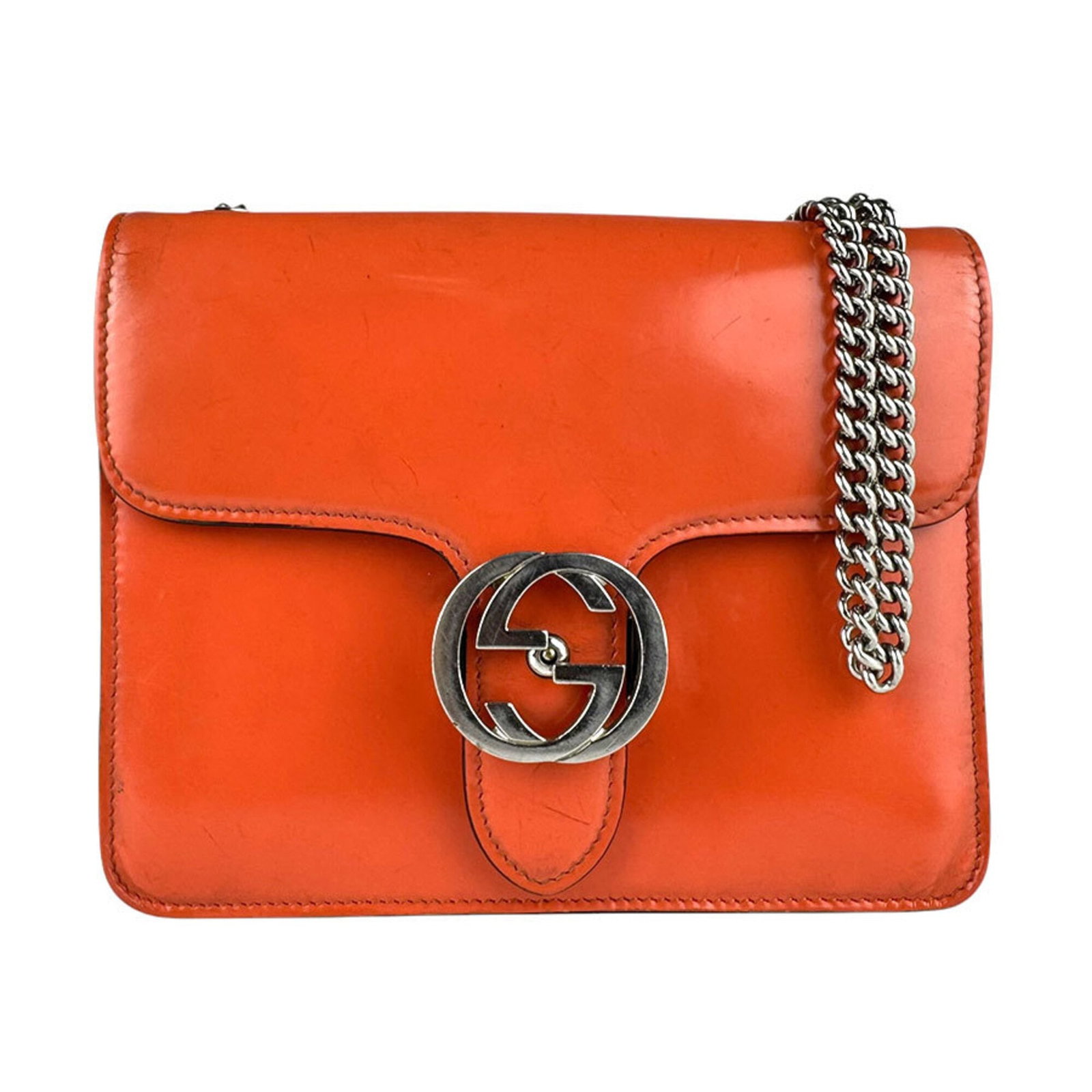 Shoulder Bag Leather: Shoulder Bag Leather Orange Gucci Leather Shoulder Bag. Made from high-quality leather, this 17cm x 19cm x 4cm shoulder bag features a vibrant orange color. With its classic design and Italian