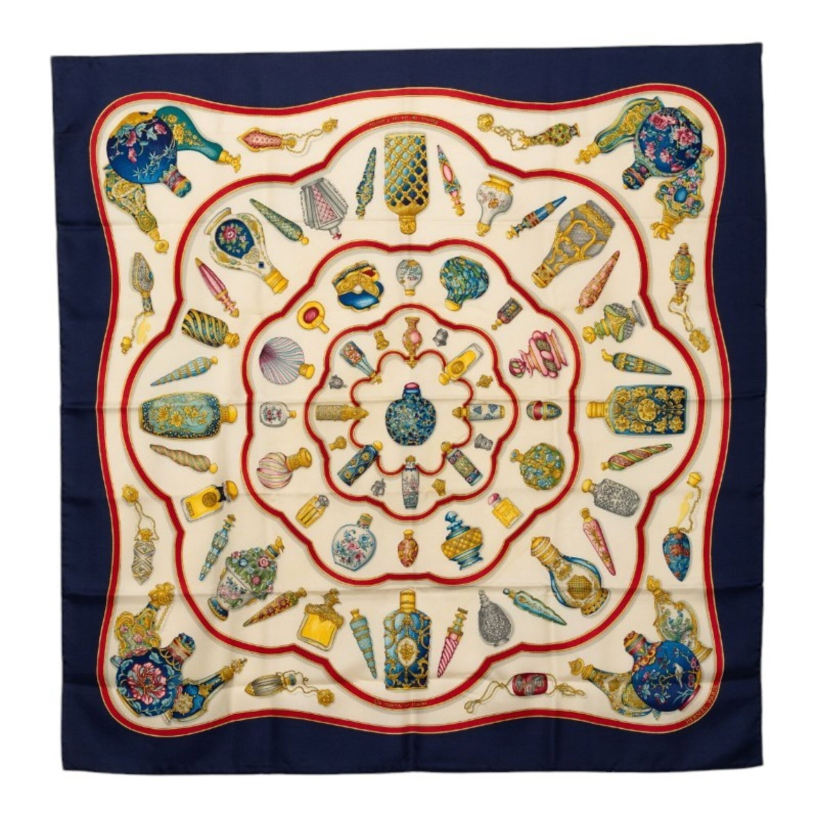 Silk Hermes Scarf: Silk Hermes Scarf Silk from the renowned French fashion house, this 90cm x 87.5cm Hermes scarf is crafted from high-quality silk, boasting a classic navy, red, and white color combination. Made to exa
