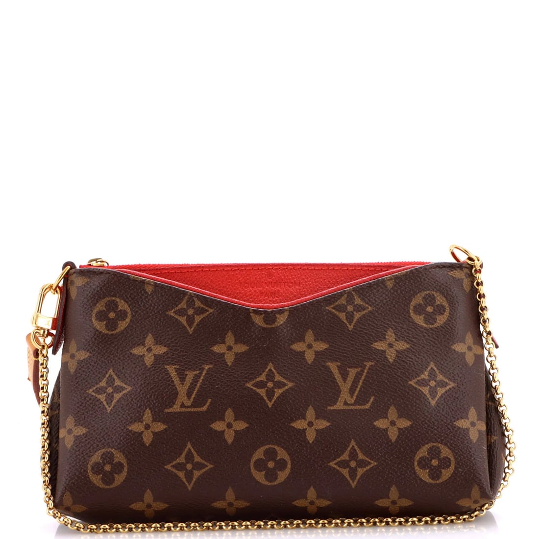 Canvas Monogram Leather Louis Pallas Vuitton Clutch: Canvas Monogram Leather Louis Pallas Vuitton Clutch Canvas Monogram Leather Louis Vuitton Clutch with Brown Exterior and Red Interior. This Pallas Clutch features a classic design with scuffs, edge