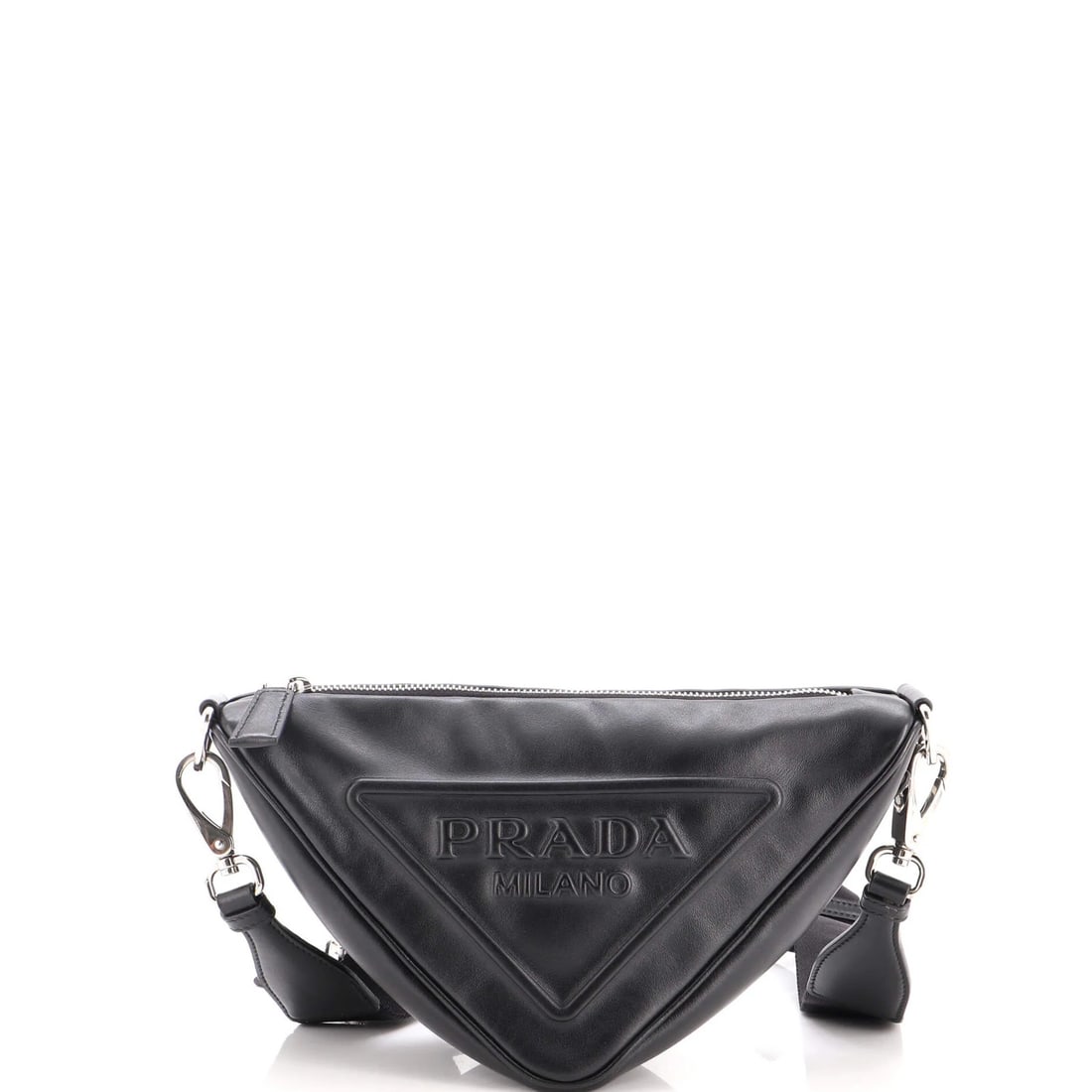 Small crossbody bag with triangle logo, leather, and zip.: Small crossbody bag with triangle logo, leather, and zip. Small Prada crossbody bag with a triangle logo, featuring high-quality leather exterior and silver hardware, available in black. This stylish