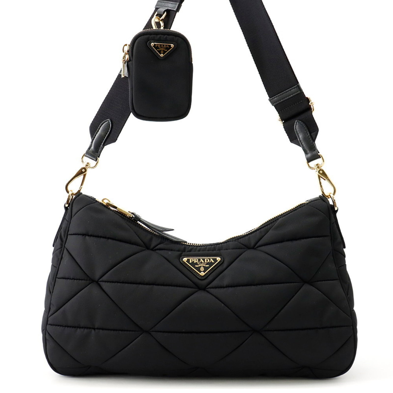 Shoulder Bag Nylon Handbag Prada: Shoulder Bag Nylon Handbag Prada Black Prada Nylon Shoulder Bag with Gold Hardware, measuring 15.5cm x 33.5cm x 8.5cm and weighing 510g. This stylish bag features a nylon material, gold hardware, and 