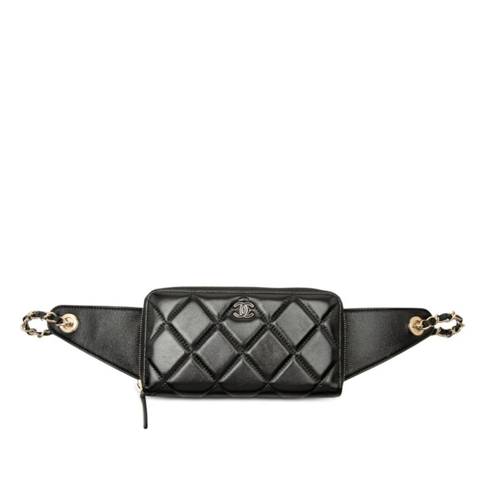 Chain shoulder leather wallet: Chain shoulder leather wallet Chain shoulder leather wallet in black lambskin, featuring a sleek and modern design with a chain strap for effortless carrying. Measuring 11cm x 19.5cm x 2.5cm, this