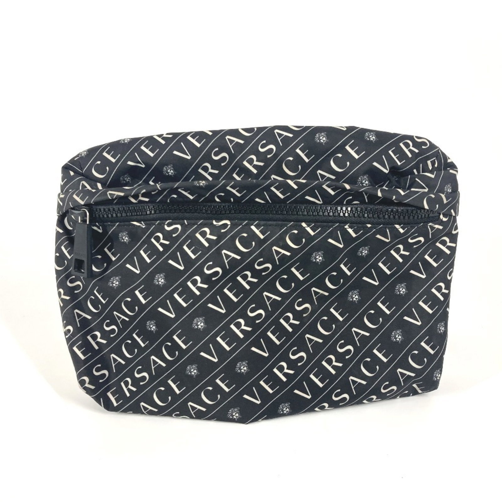 Nylon Fanny Versace Bag Sling Pack: Nylon Fanny Versace Bag Sling Pack Versace Nylon Fanny Sling Pack stands out with its sleek black and white design, making it a stylish accessory for any occasion. Measuring 15cm x 23cm x 5.9'' x