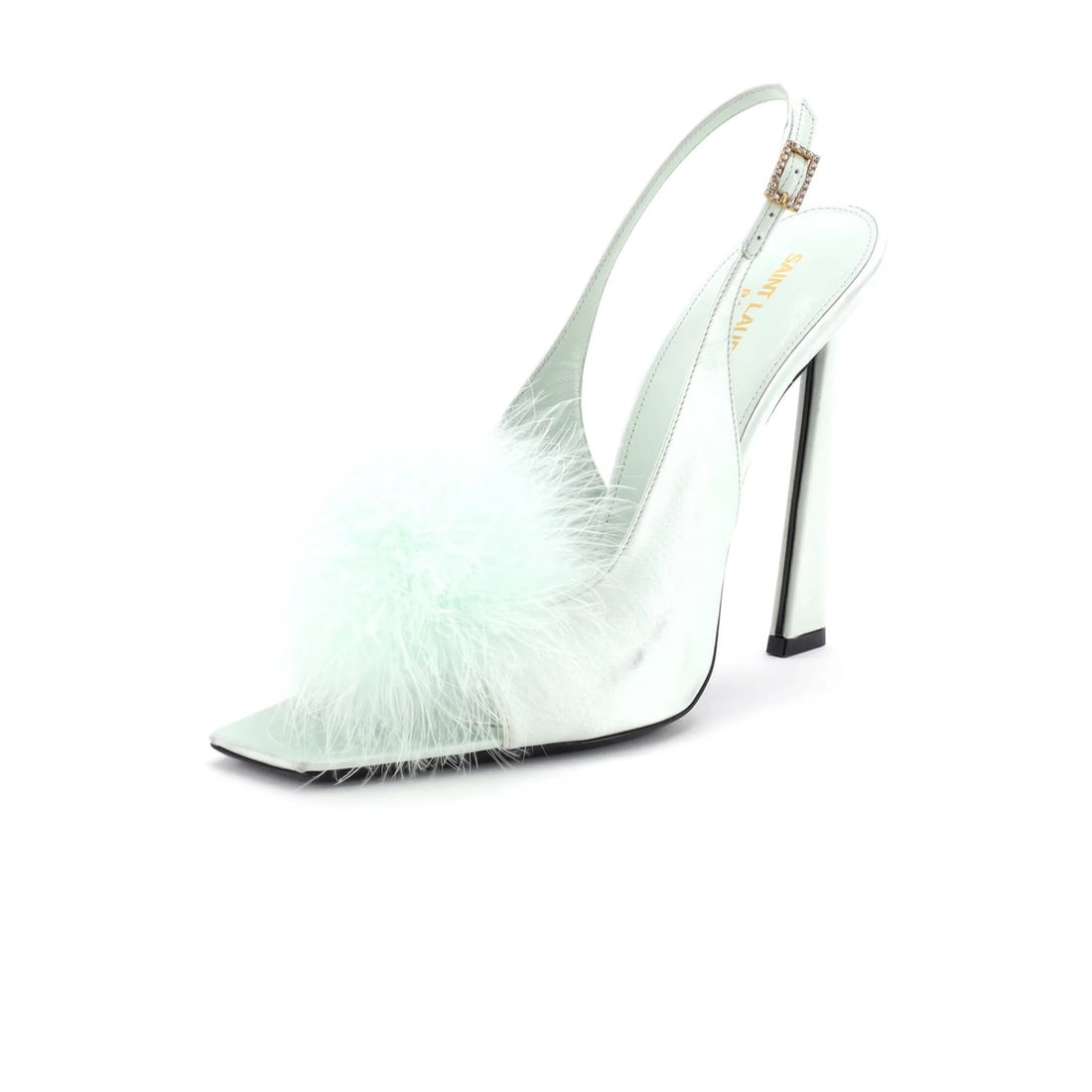 Women's Satin Slingback Sandals with Feathers by Saint Laurent: Women's Satin Slingback Sandals with Feathers by Saint Laurent Satin Slingback Sandals with Feathers by Saint Laurent feature a striking green upper made from a combination of feather, satin, and