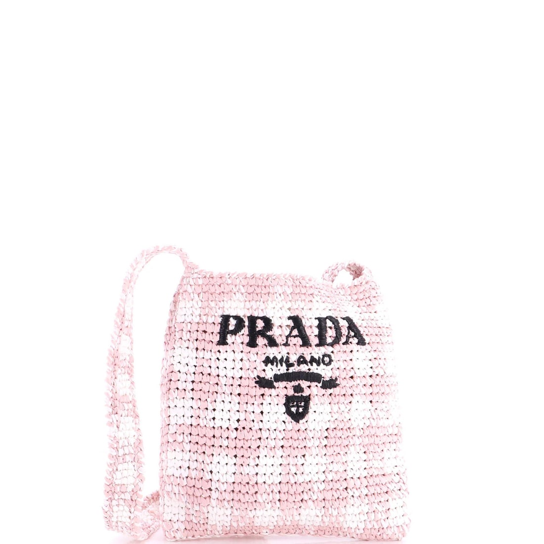 Messenger Bag Small Raffia Printed Prada: Messenger Bag Small Raffia Printed Prada Small Raffia Printed Prada Messenger Bag in Pink. This cross body bag features a unique raffia print exterior and pink interior, with gold hardware accents. Th