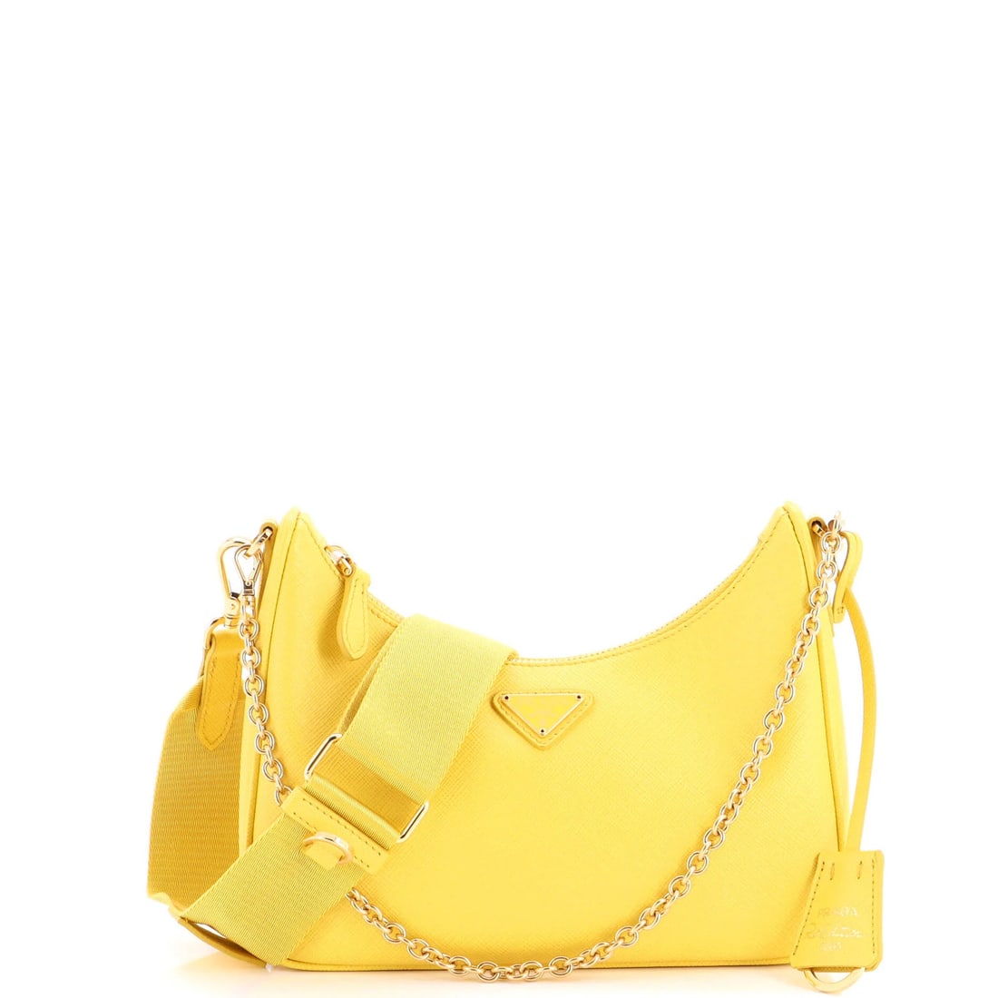 Saffiano Leather Small Prada Re-Edition 2005 Shoulder Bag: Saffiano Leather Small Prada Re-Edition 2005 Shoulder Bag Saffiano leather wraps around the body of this 2005 Prada Re-Edition Small Shoulder Bag, its bright yellow hue standing out against a neutral 