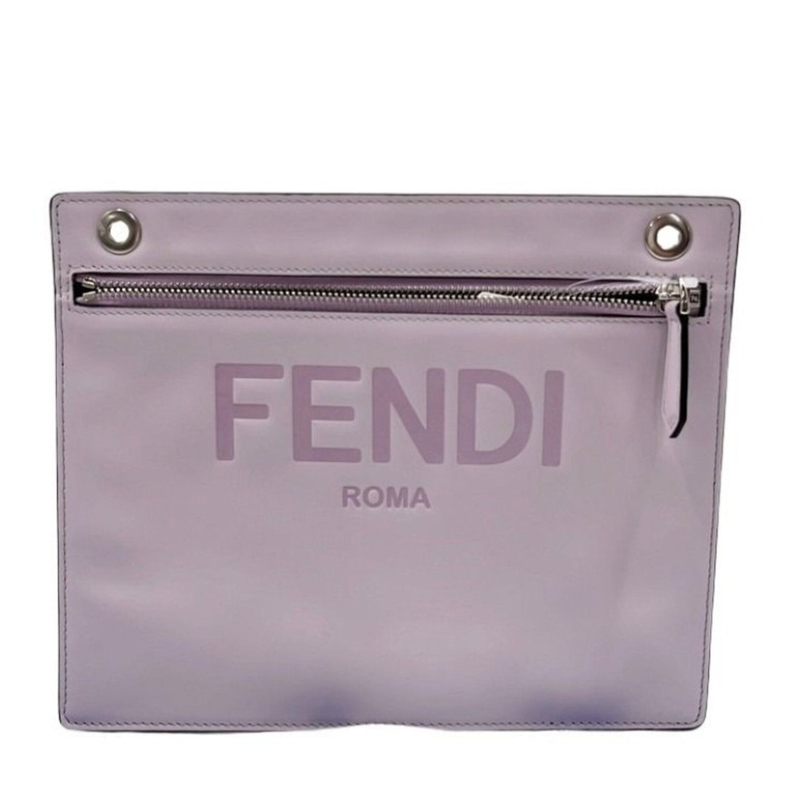 Fendi Bag Leather Clutch: Fendi Bag Leather Clutch The Fendi Bag Leather Clutch is a stylish and sophisticated accessory, crafted from high-quality leather in a sleek gray and purple color combination. Measuring 20.5cm x