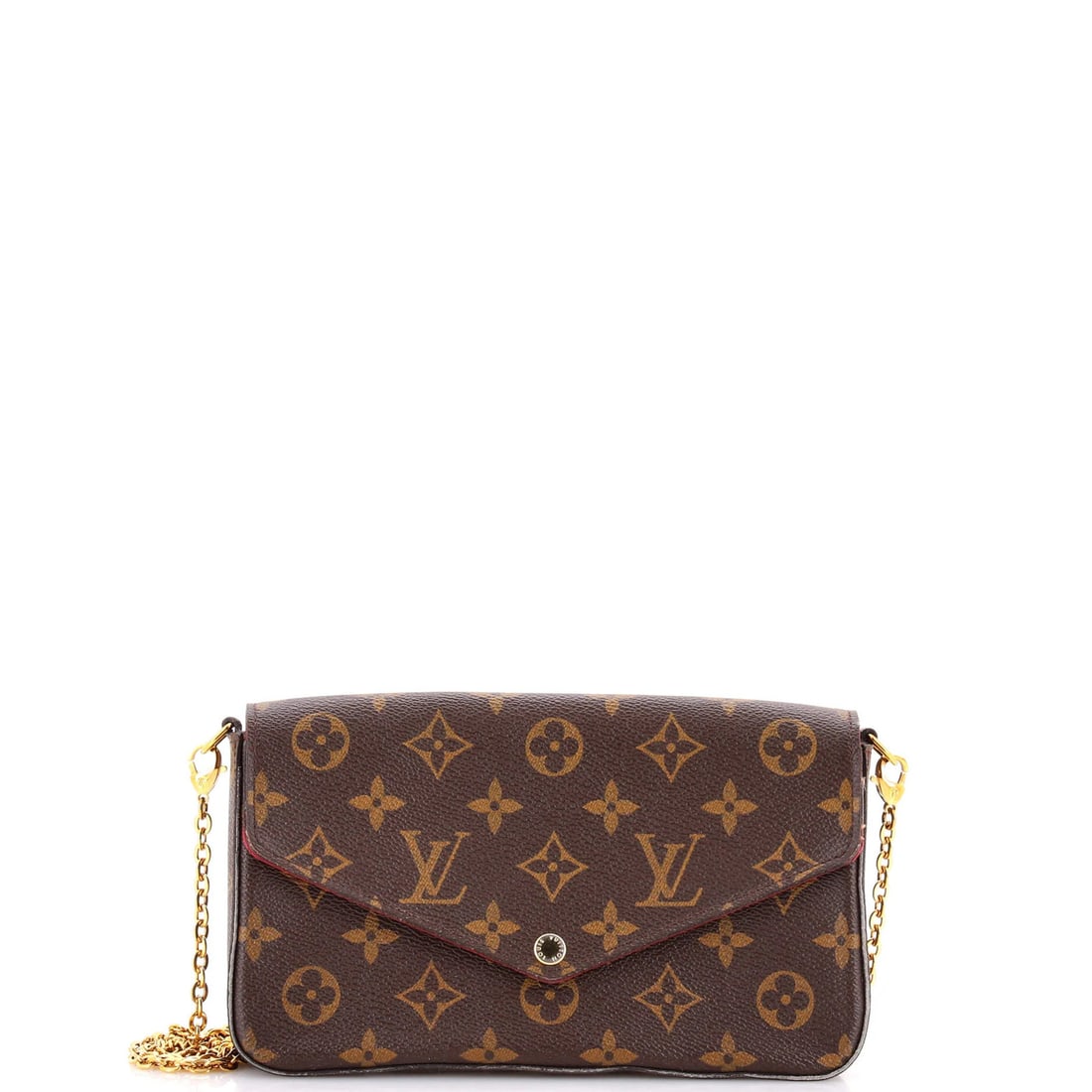 Monogram Pochette Canvas Vuitton Felicie Louis: Monogram Pochette Canvas Vuitton Felicie Louis The Louis Vuitton Felicie Pochette Monogram Canvas Vuitton is a stylish cross body bag with a classic design. With its brown canvas exterior and red inte